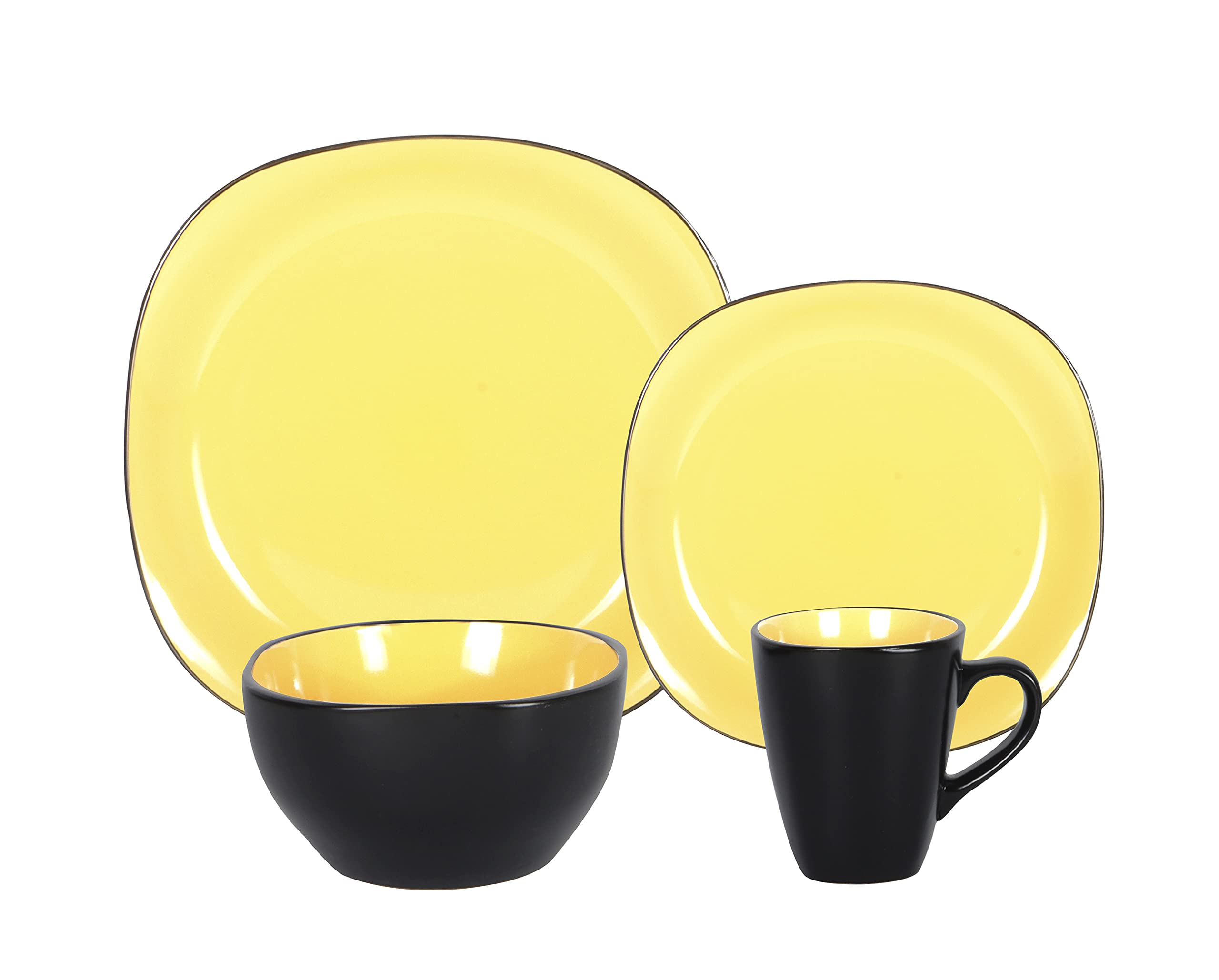 16-Piece Stoneware Dinnerware Set - Shiny Yellow Inside & Matte Black Outside - Elegant Square Plates & Bowls for Modern Dining, Dinner Parties, and Home Decor
