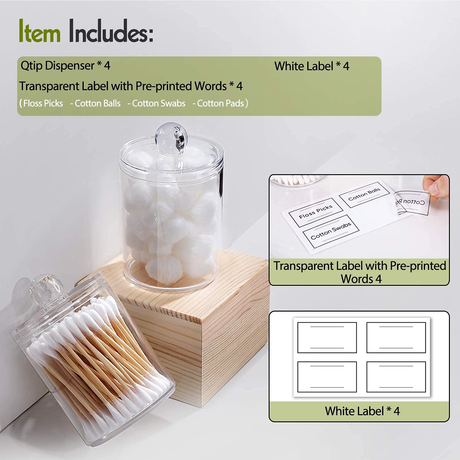 AOZITA 4-Pack Clear Plastic Apothecary Jars - 10 oz Cotton Ball Holder & Makeup Organizer for Bathroom Vanity, Cotton Pads, Swabs, Round Pads & Dental Floss Storage - Perfect for Home, Salon & Spa Organization