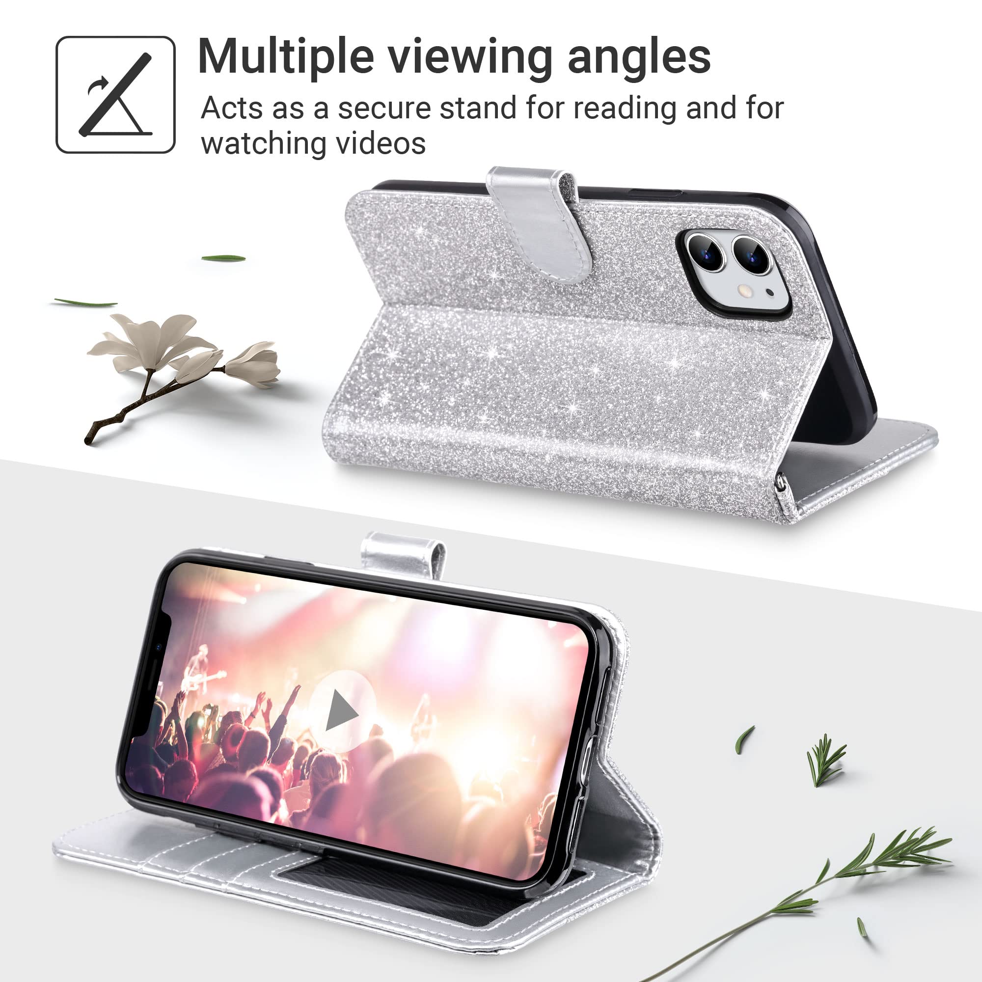 ULAK iPhone 11 Wallet Case for Women - PU Leather Flip Cover with Card Holder, Kickstand & Magnetic Closure | Protective TPU Interior Purse Case for iPhone 11 6.1 Inch (Silver) | Perfect for Daily Use, Travel & Hands-Free Viewing