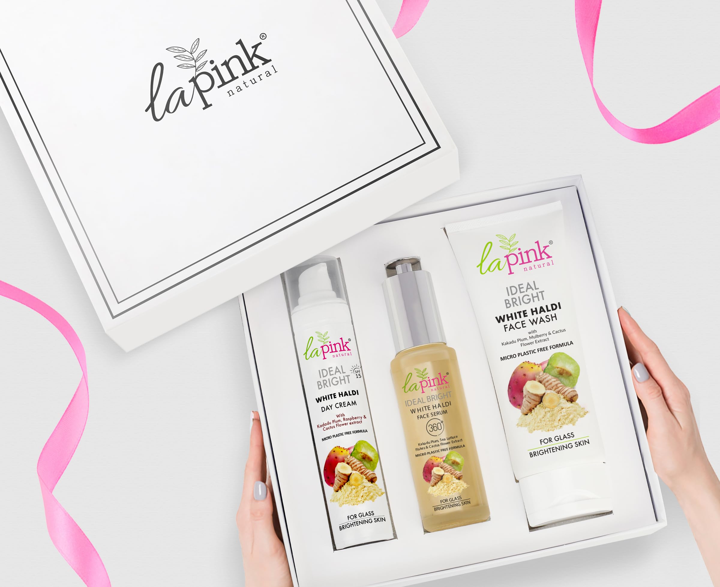 La Pink Ideal Bright Face Brightening Gift Box Set - Face Wash, Serum & SPF 15 Day Cream | Dark Spot Treatment for Even Skin Tone & Radiant Glow | 100% Microplastic Free Skincare Trio | Perfect for Daily Routine, Travel & Gift Giving