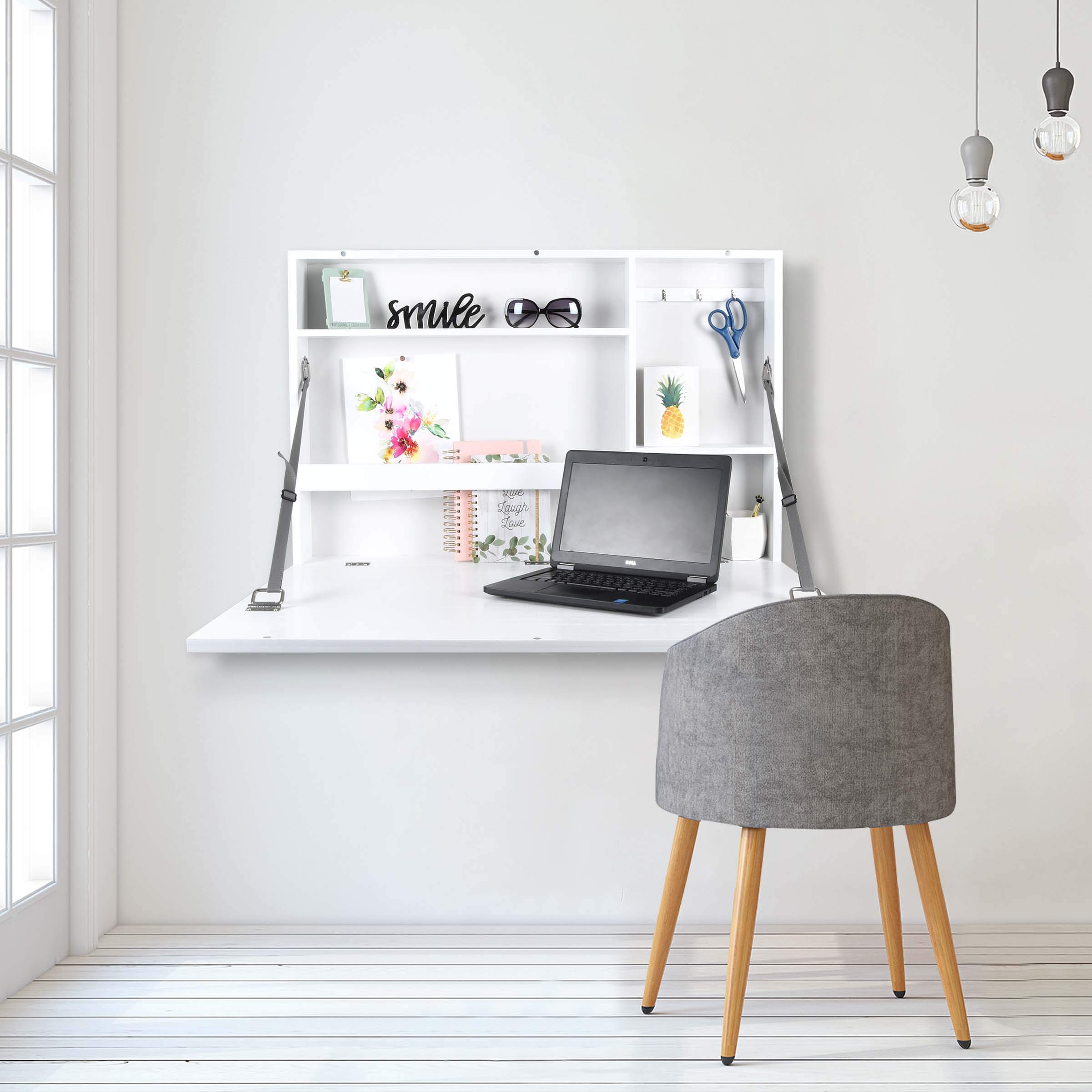 Prinz Wall-Mounted Folding Desk with Chalkboard - 36 x 24 Inches White Floating Desk for Home Office, Space Saving Ready-to-Hang Design with Interior Shelves - Perfect for Small Spaces, Apartments & Work from Home Setup