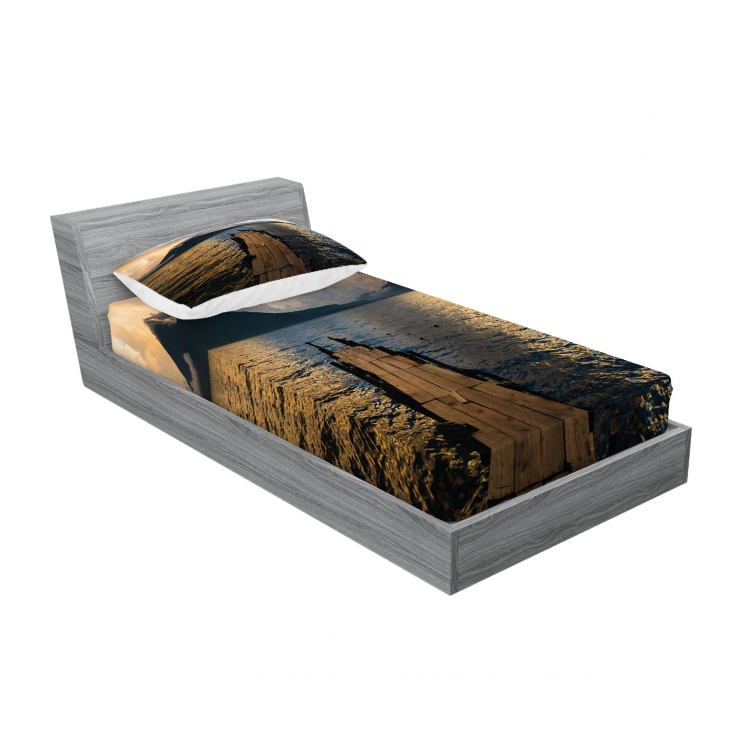 Ambesonne 2-Pack Twin XL Fitted Sheets & Pillow Sham Set - Wooden Pier on Lake Landscape Design, 4-Piece Bedding Decor for Cozy Lakeside Retreats - Perfect for Guest Rooms, Vacation Homes & Nature-Inspired Bedrooms