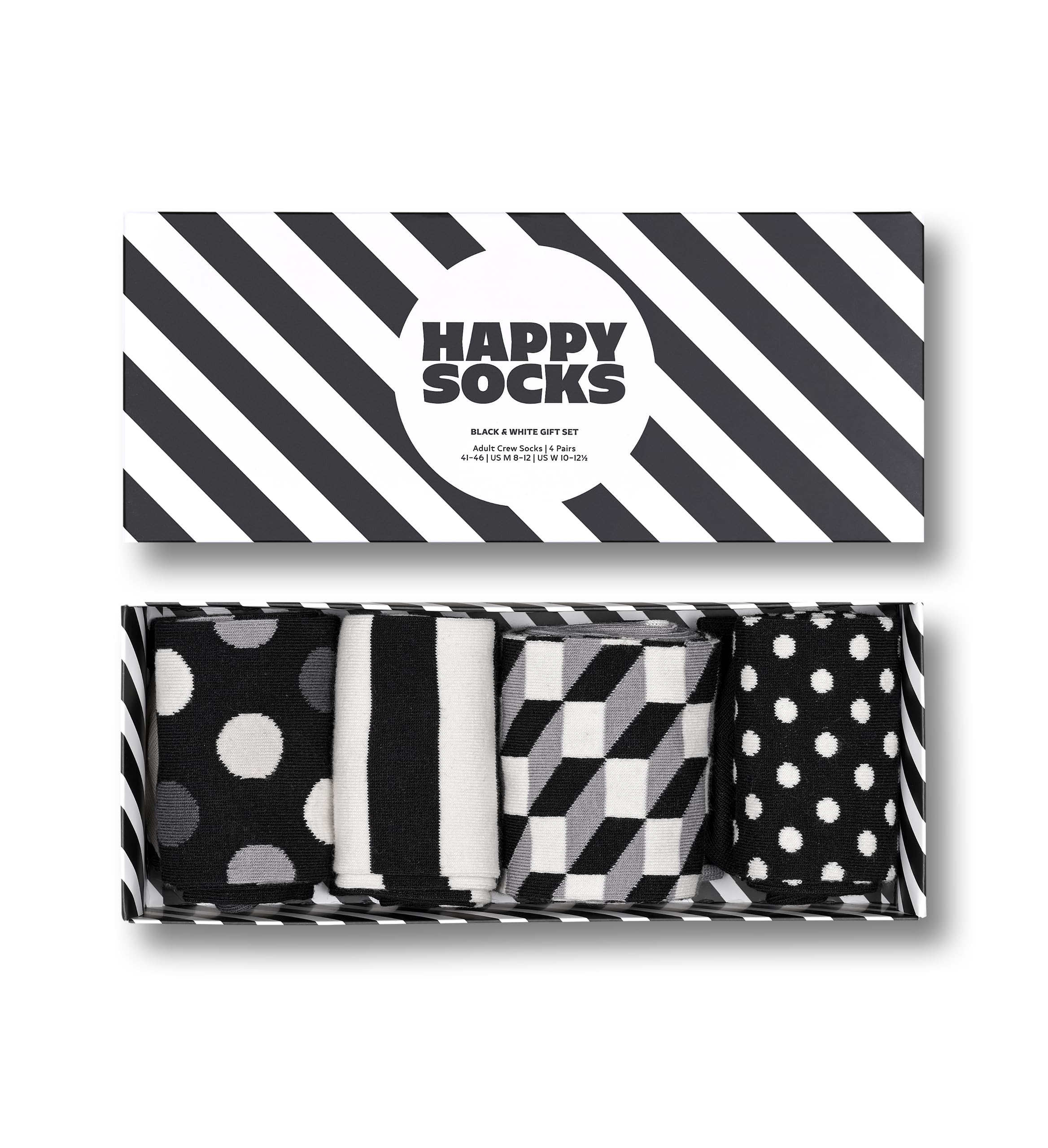 Happy Socks Black & White Striped Crew Socks for Men & Women - Soft Cotton Low Cut Ankle Socks with Gift Box - Eco-Friendly Sustainable Casual & Dress Socks for Everyday Wear, Office, Gifts & Special Occasions