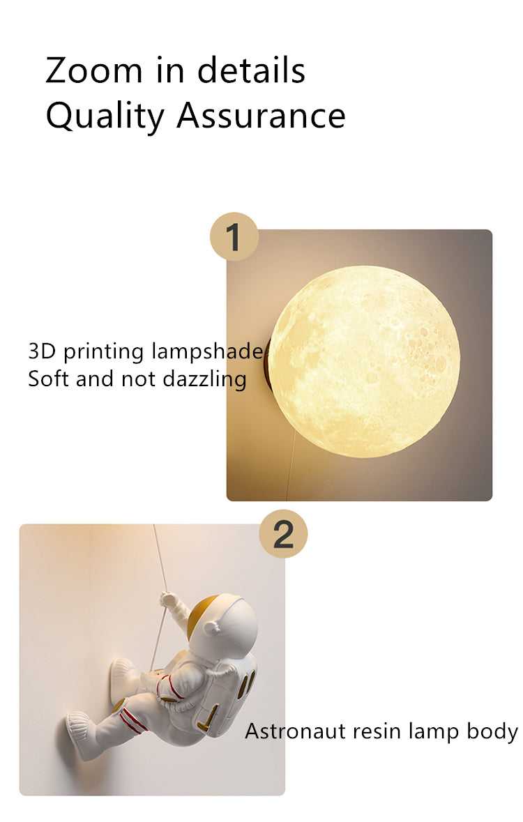 NASA Astronaut on Moon Wall Lamp - LED Night Light for Kids Room, Bedroom & Nursery - Space-Themed Decor for Boys & Girls