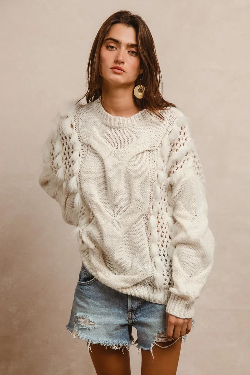 BiBi Women's Faux Fur Cable Knit Sweater - Cozy Winter Pullover for Casual Outings & Holiday Gatherings