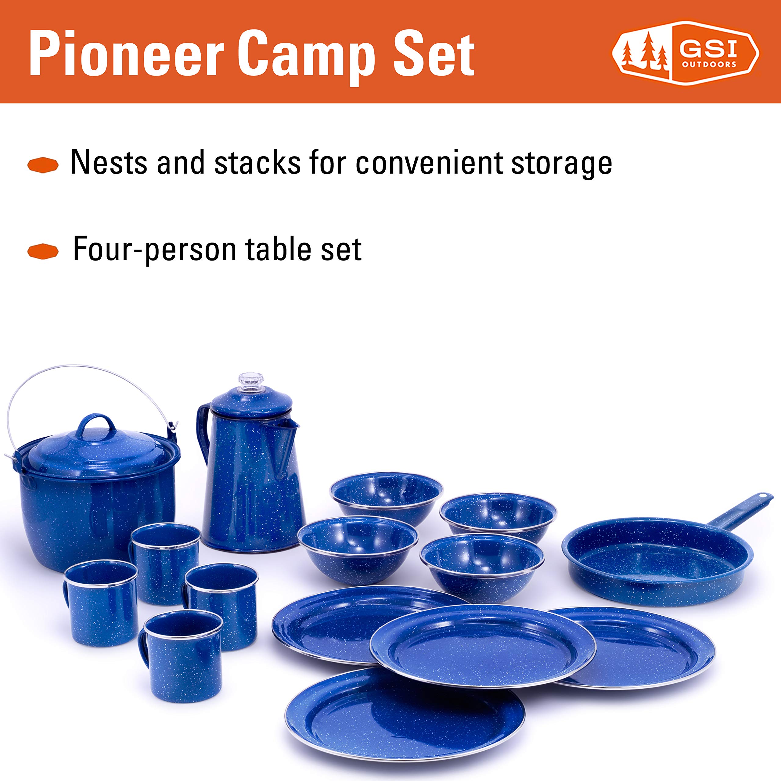 GSI Outdoors 4-Person Camping Dinnerware Set - Enamel Percolator, Fry Pan, Kettle, Bowls, Plates & Coffee Mugs for Camping, Hiking & Outdoor Adventures