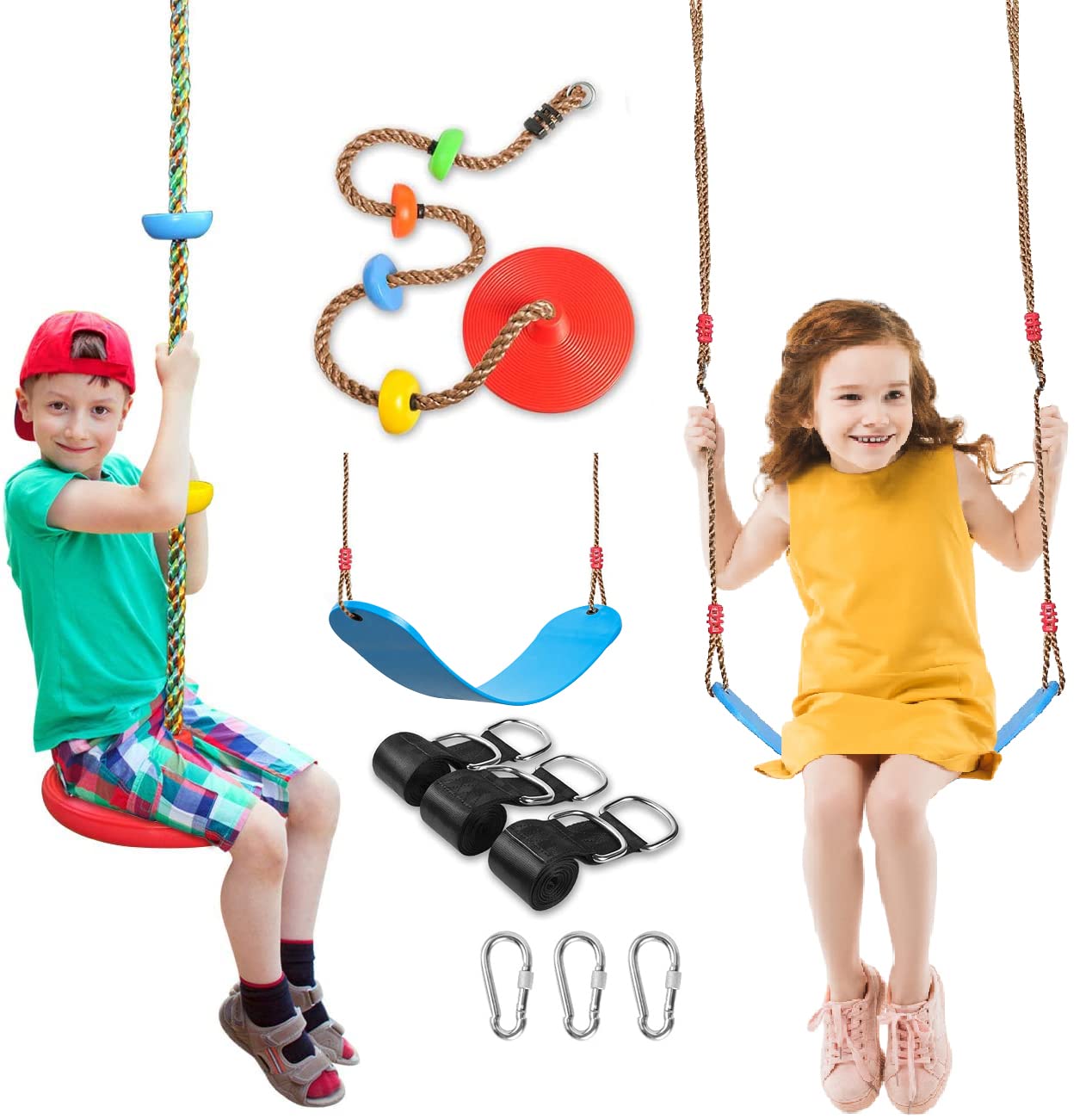 2 Pack Multicolor Swing Seats with Tree Climbing Rope & Platform - Heavy Duty Outdoor Swings for Kids & Adults - Backyard Playground Accessories with 5Ft Strap & Snap Hook - Perfect for Treehouse, Garden, Park and Backyard Fun