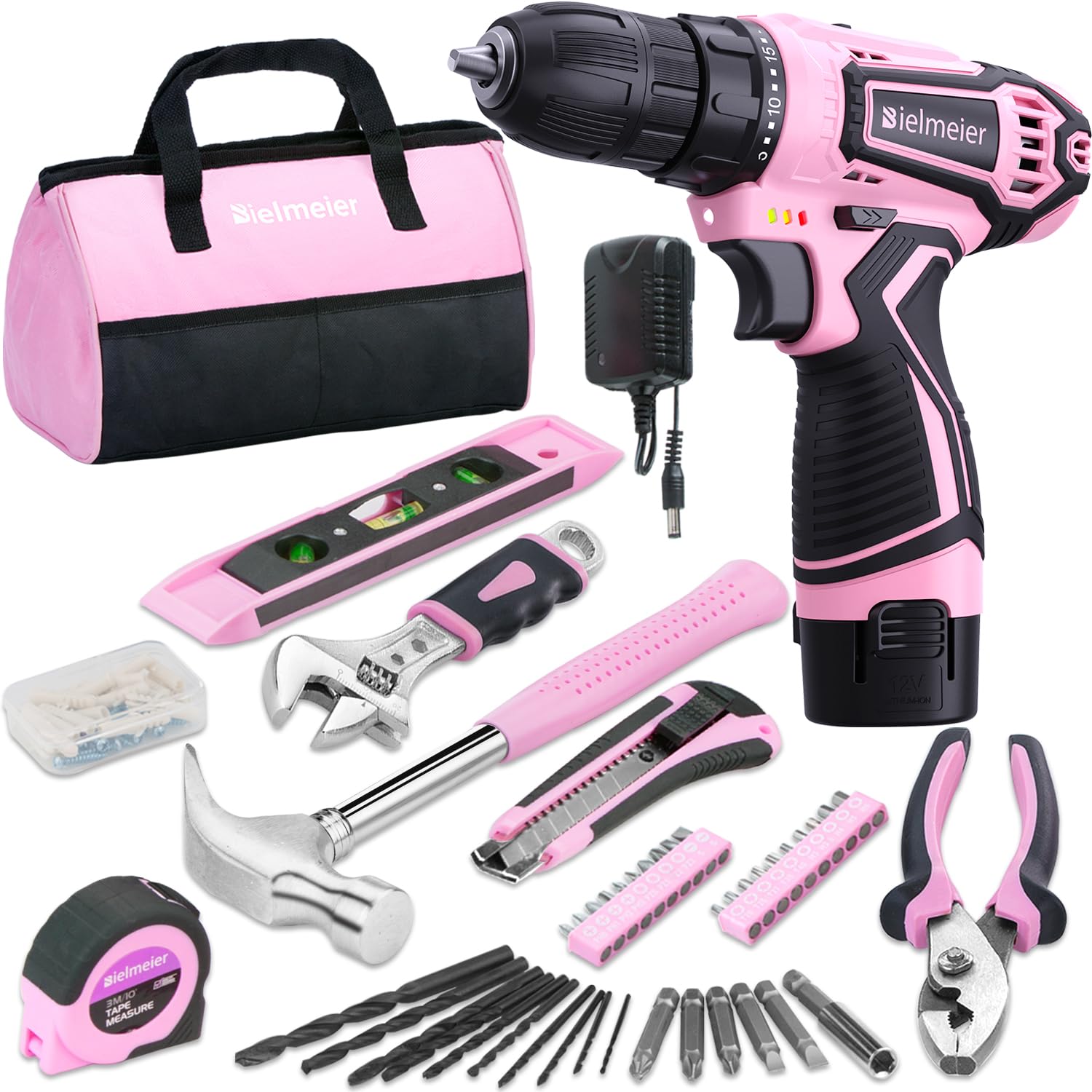 12V 82Pcs Cordless Pink Drill Set - Women's Essential Tool Kit with Pink Tool Bag for DIY & Home Improvement | Perfect for Household Repairs, Craft Projects & Small Fixes
