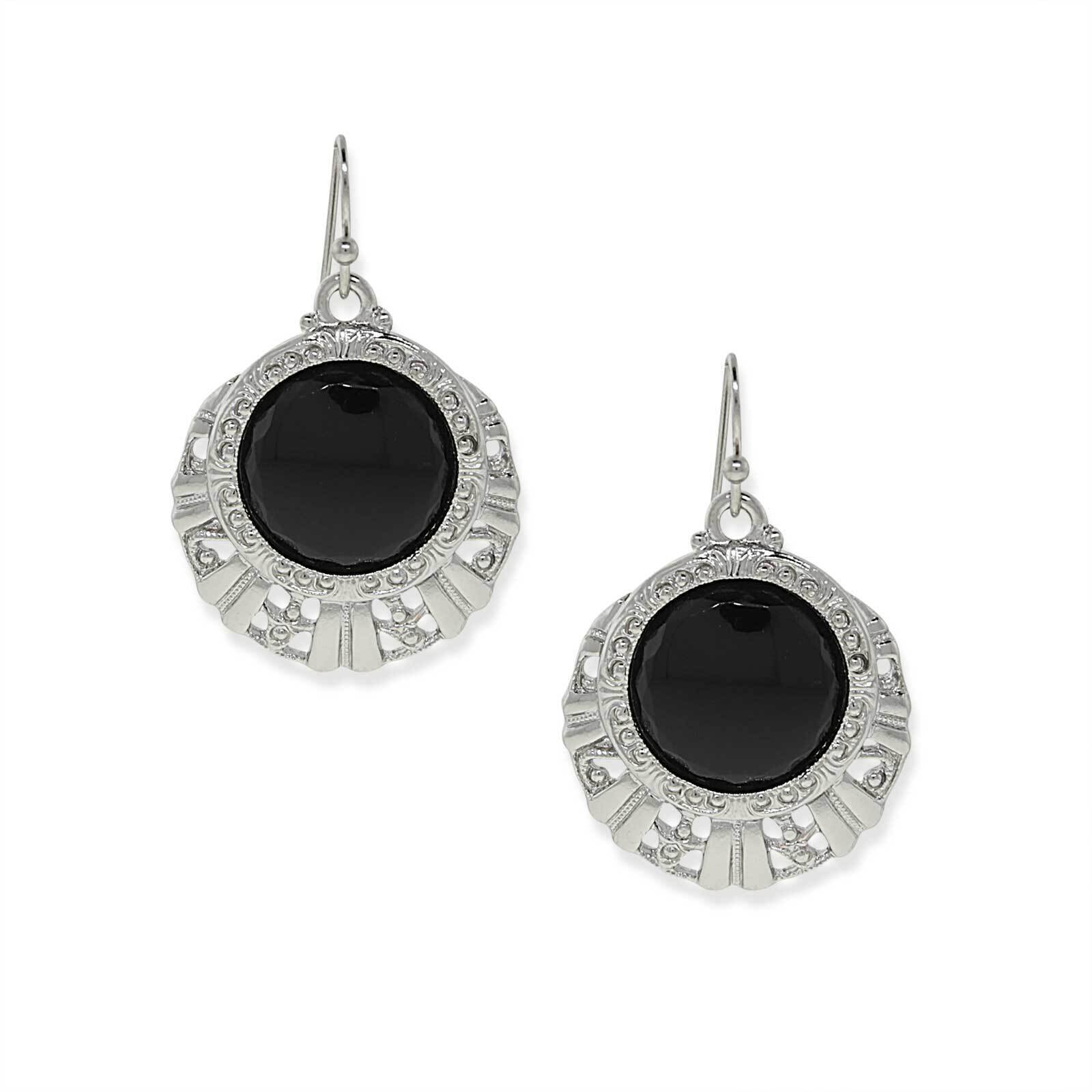 1928 Black Round Stone Textured Drop Earrings for Women - Elegant Dangle Earrings for Party, Wedding & Evening Wear