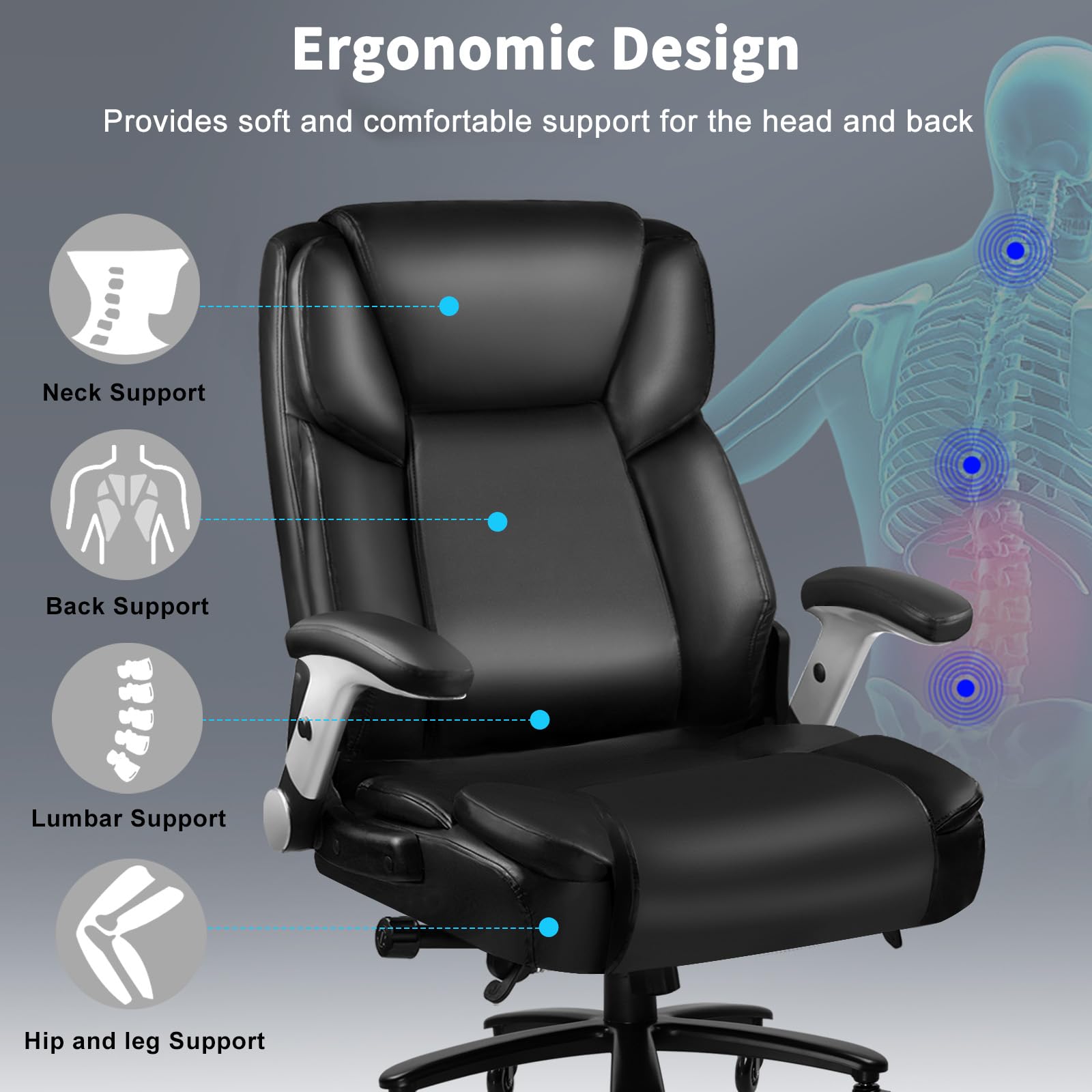 Heavy Duty Big and Tall Office Chair 600lbs - Ergonomic Executive Chair with High Back, Adjustable Armrests & Lumbar Support - Black Leather Office Chair for Large People - Perfect for Home Office, Gaming & Workspaces