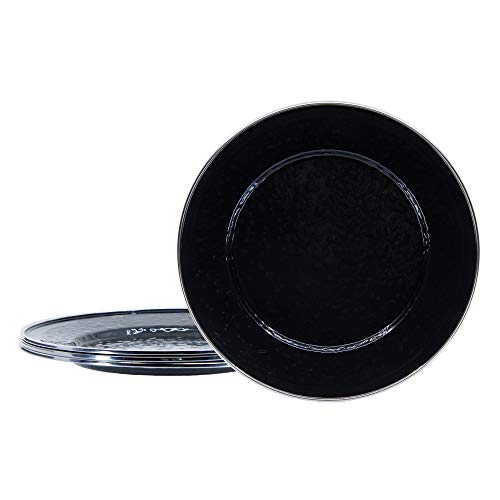 Premium Solid Black Enamelware Dinner Plates 10.5 Inch - Set of 4 Heavy Duty Porcelain-Coated Steel Plates for Rustic Dining, Camping & Outdoor Picnics