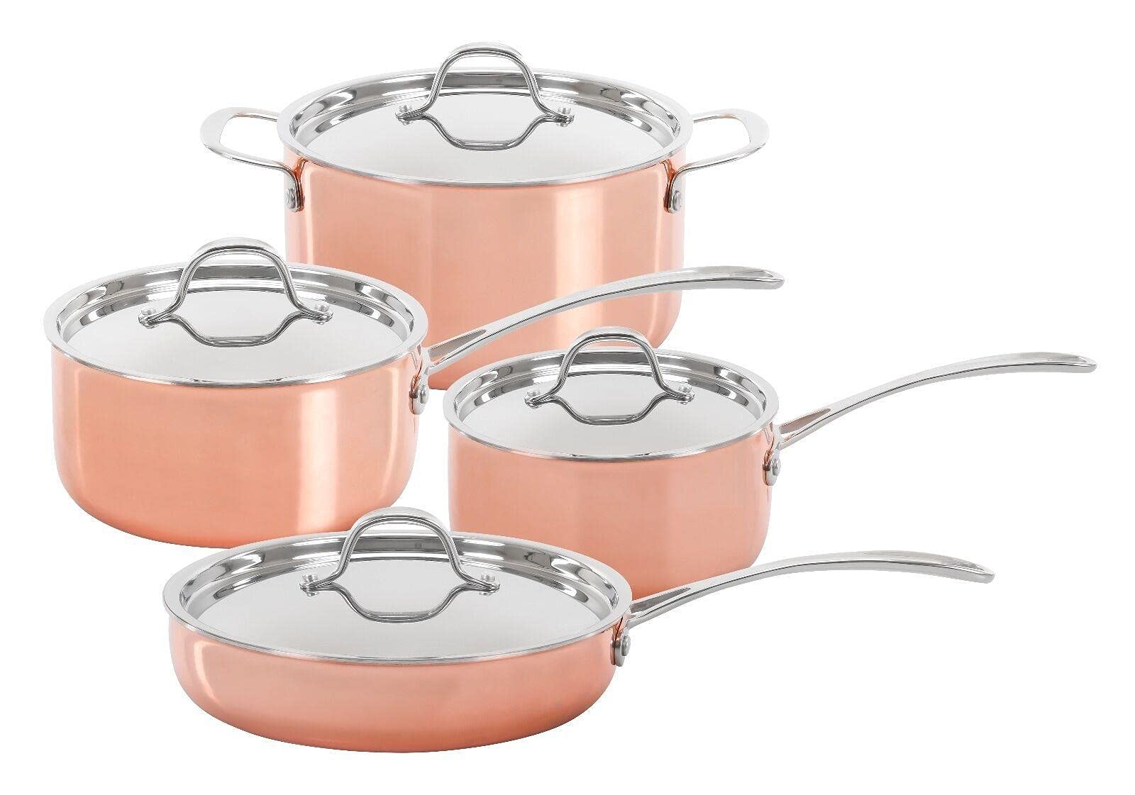 8-Piece Premium Triply Copper Cookware Set - Dutch Oven, Frying Pan & Lids - Heavy Duty Cast Iron for Professional & Home Kitchens - Perfect for Braising, Roasting, Frying & Camping Cooking