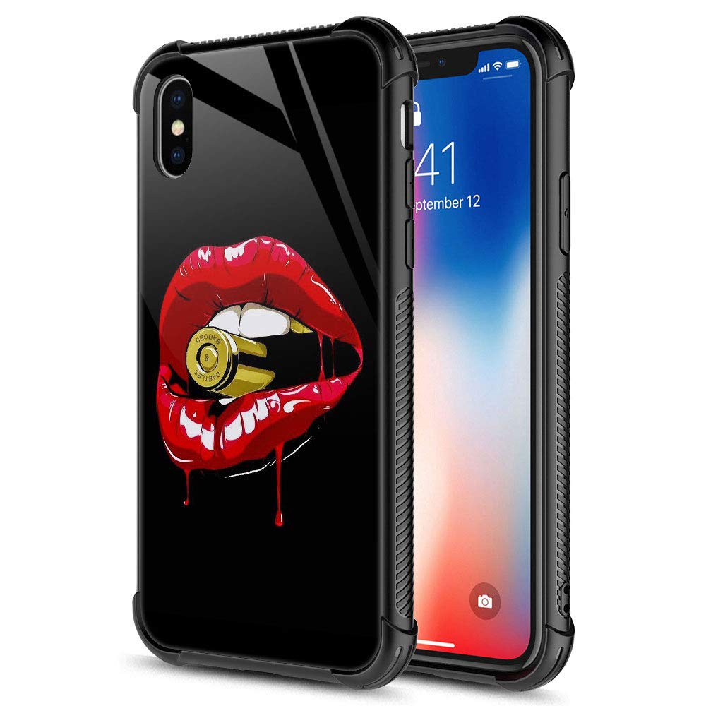 Shockproof iPhone Xs Max Case with Tempered Glass Back & Soft Silicone TPU - Red Lip Bite Bullet Design | Slim Protective Cover for iPhone Xs Max (2018) | Perfect for Daily Use, Travel & Outdoor Activities