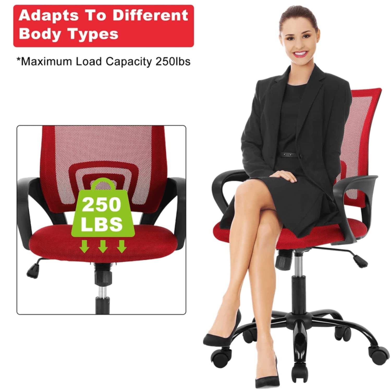 Ergonomic Mesh Office Chair with Adjustable Lumbar Support & Armrests - Modern Mid Back Executive Swivel Chair for Home Office, Computer Desk - Ideal for Long Work Hours & Remote Work (Red)