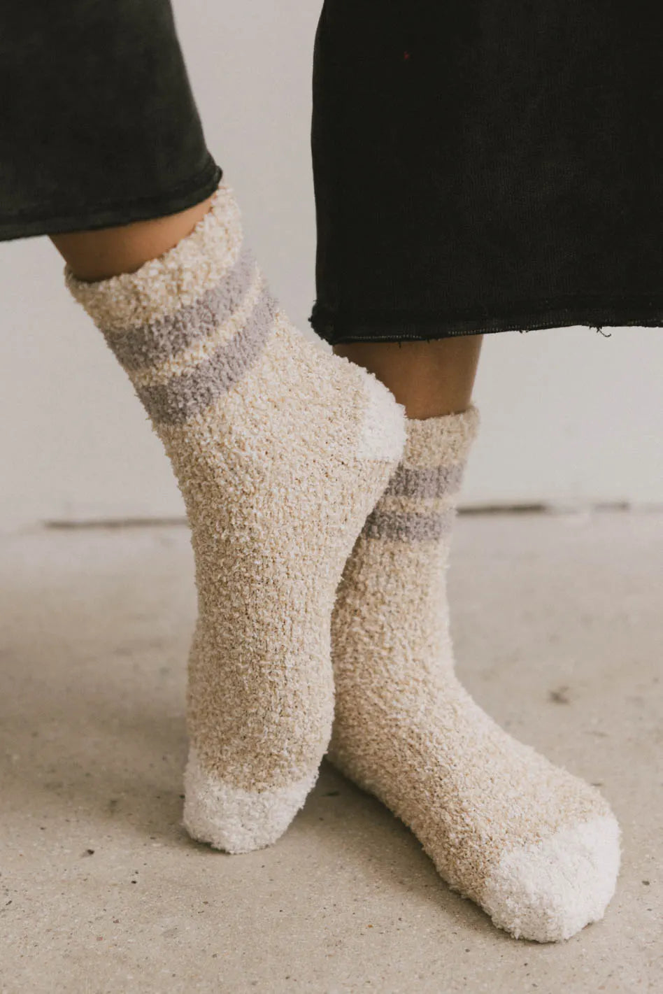 Cozy Beige Fuzzy Striped Socks for Women & Men - Soft Winter Warm Socks - Perfect for Home, Office & Outdoor Activities