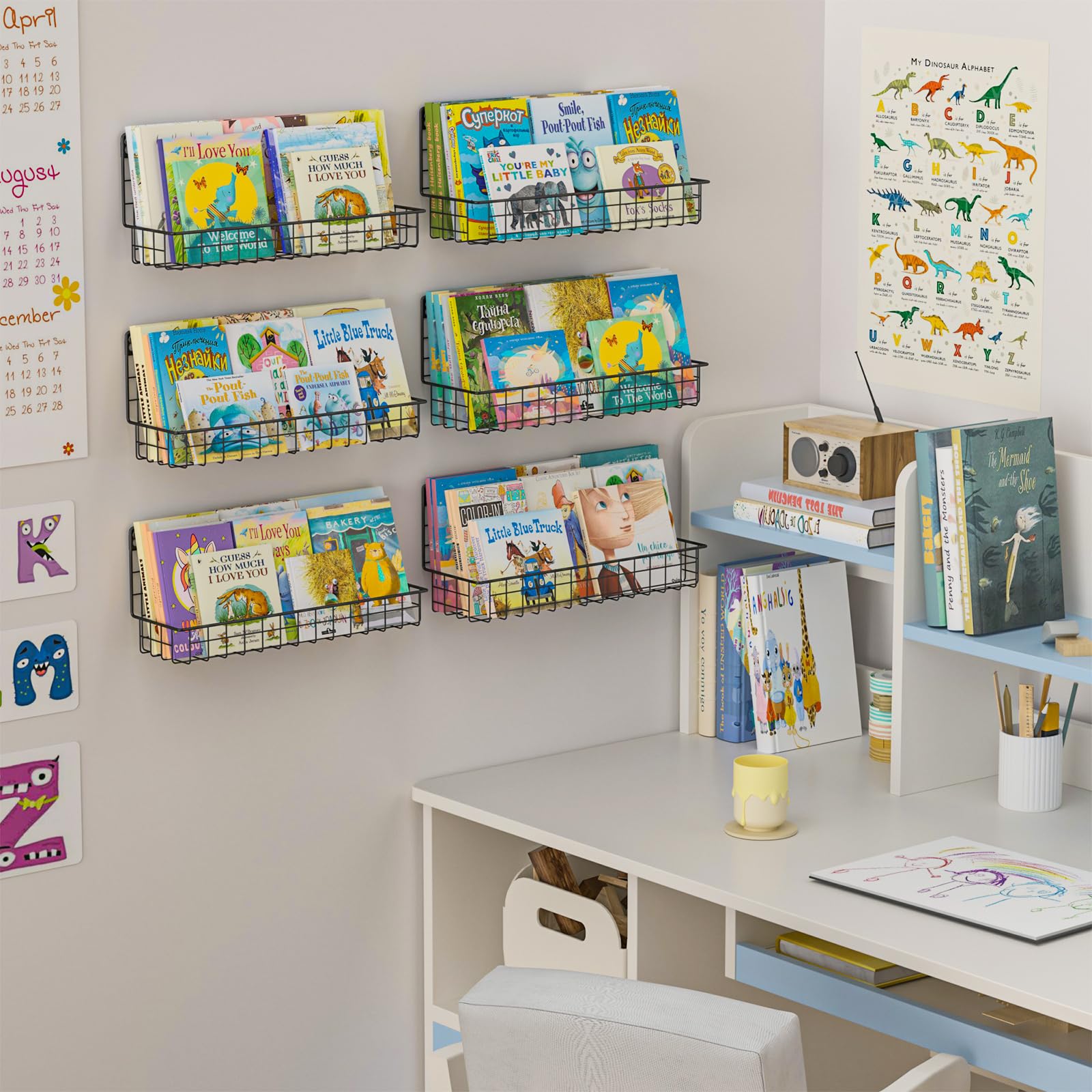 6 Pack Wall Mounted Metal Kids Bookshelf - Floating Book Shelves for Nursery, Toddler Bedroom & Classroom - Hanging Book Storage Organizer - Black - Perfect for Kids' Room Decor, Book Display & Space Saving Storage