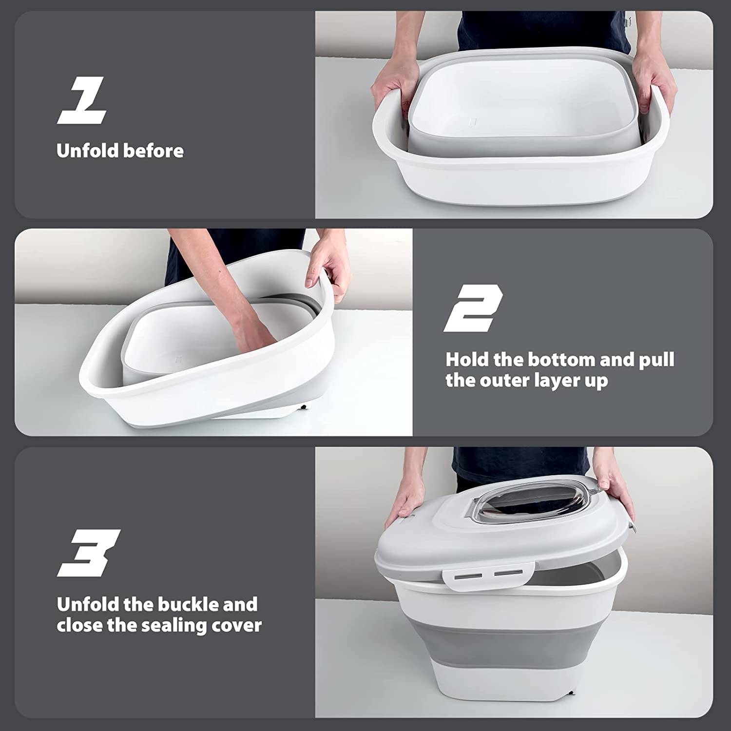 Olpad 30Lb Foldable Pet Food Storage Container - Airtight Plastic Bin with Measuring Cup, Sealed Lid & Wheels for Dog, Cat & Fish Food | Perfect for Kitchen, Pantry & Bulk Rice Storage