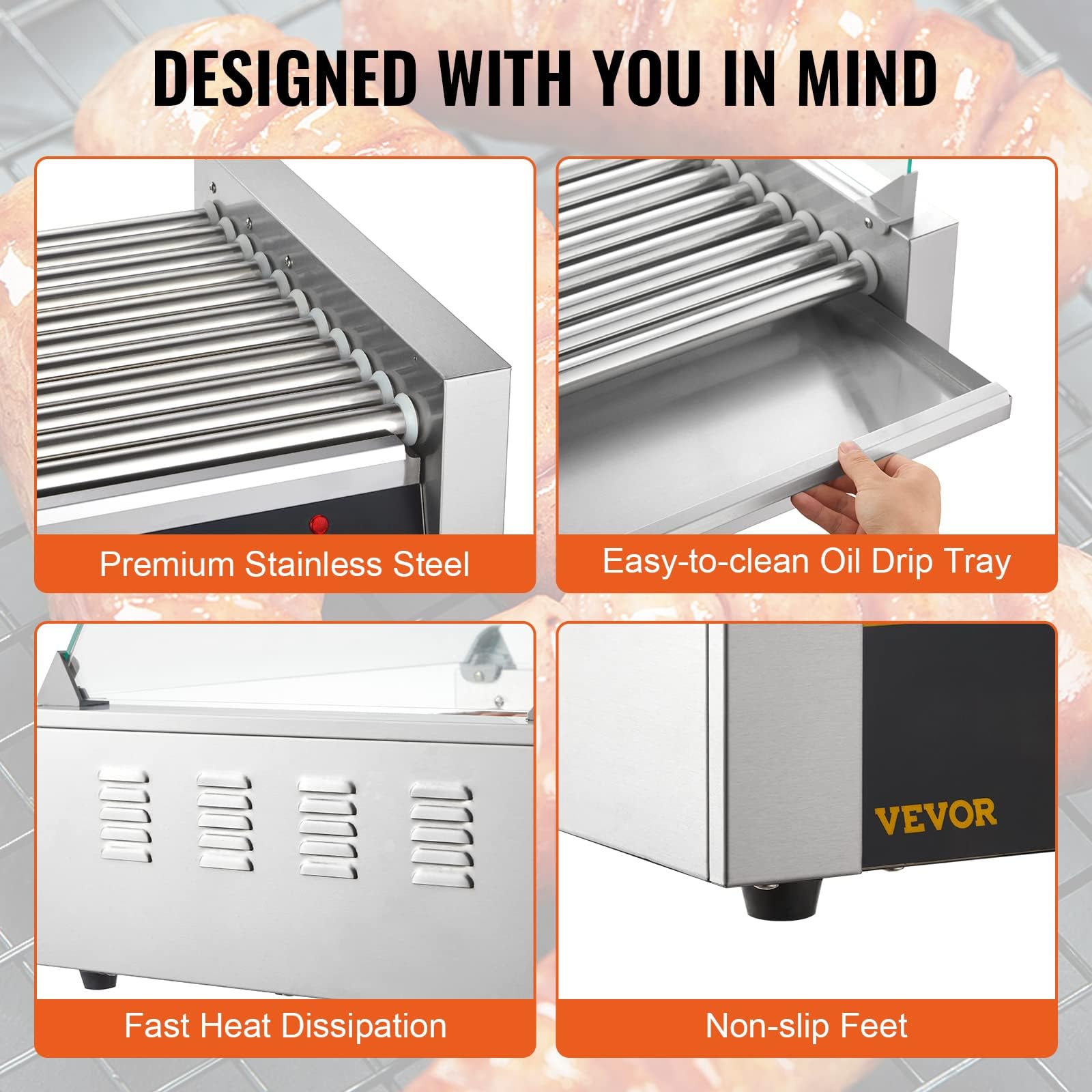 VEVOR Commercial Hot Dog Roller Machine - 11 Stainless Steel Rollers, 1650W, 30 Hot Dogs Capacity - Dual Temperature Control, Glass Hood, Bun Warmer & Removable Drip Tray - ETL Certified for Restaurants, Food Trucks & Outdoor Events