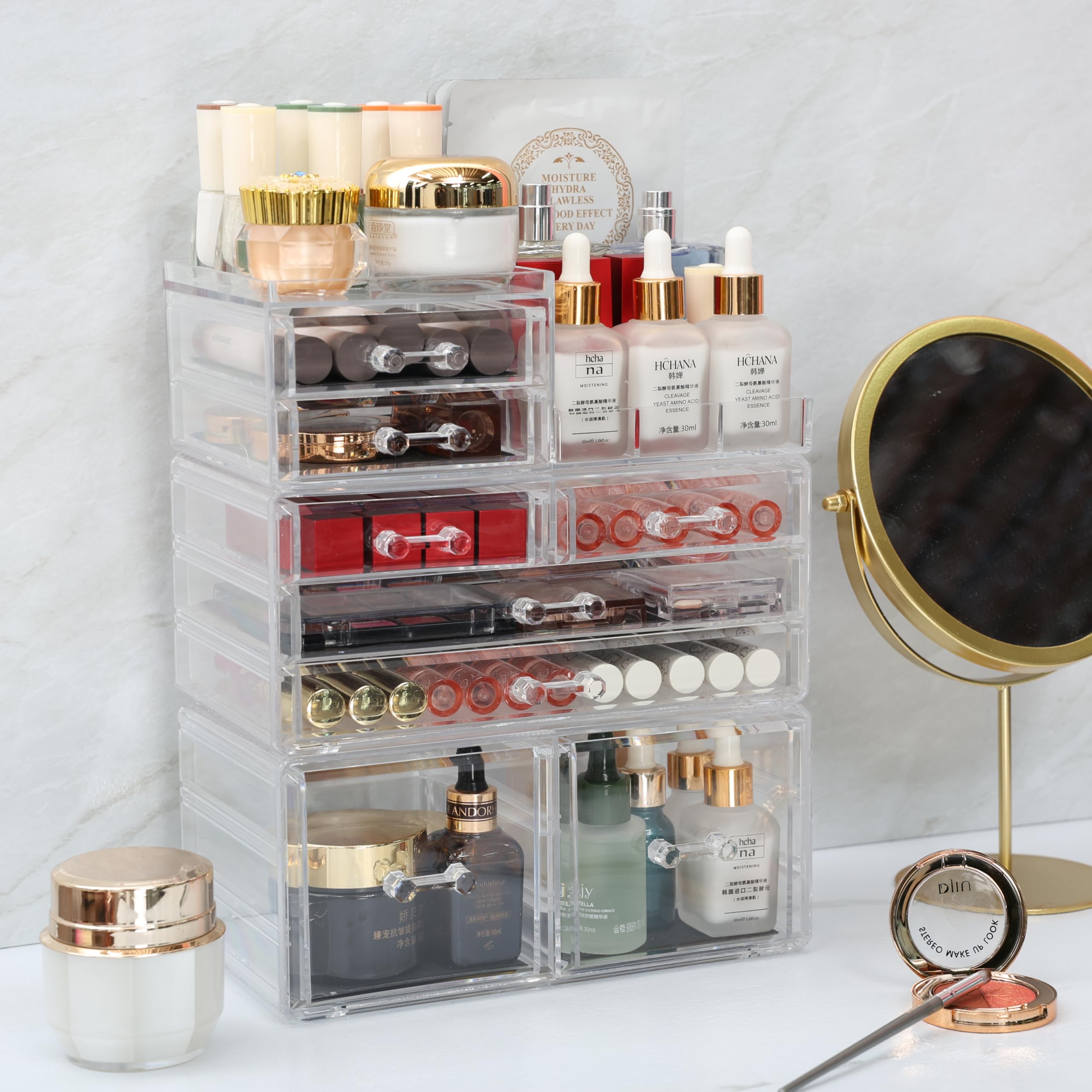 3-Pack Clear Acrylic Makeup Organizer with 8 Stackable Drawers - Vanity Jewelry, Hair Accessory & Skincare Storage for Bathroom Countertop, Dressing Table & Bedroom Decor