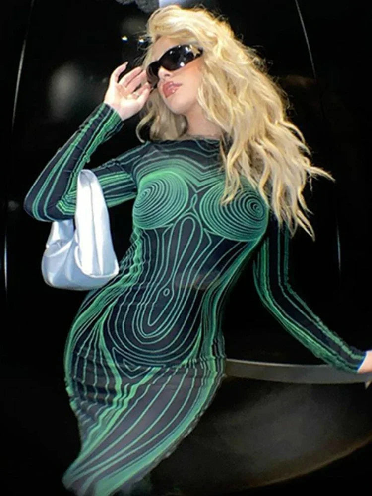 3D Body Print Sexy Maxi Dresses for Women - Y2K Streetwear Hollow Backless Long Sleeve Bodycon Dress for Club, Party & Night Out | Trendy Plus Size Options Available | Perfect for Date Night, Girls Night Out & Special Occasions