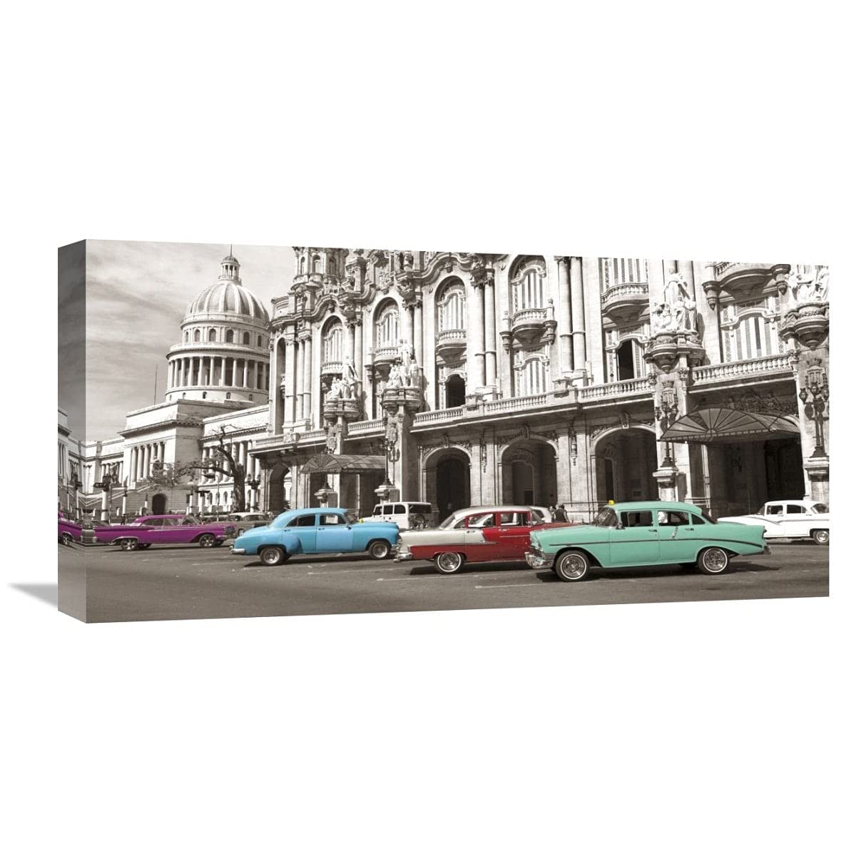 Vintage American Cars in Havana Cuba - Stretched Canvas Wall Art 18x36 Inches - Perfect for Living Room, Office & Home Decor