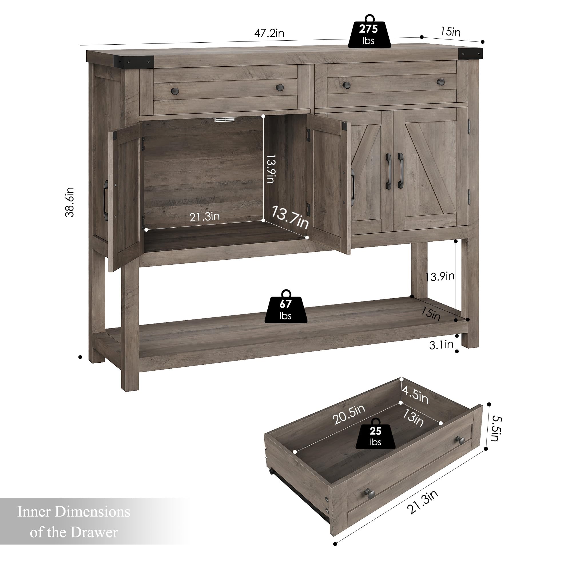 Modern Farmhouse Buffet Sideboard Cabinet - 47.2