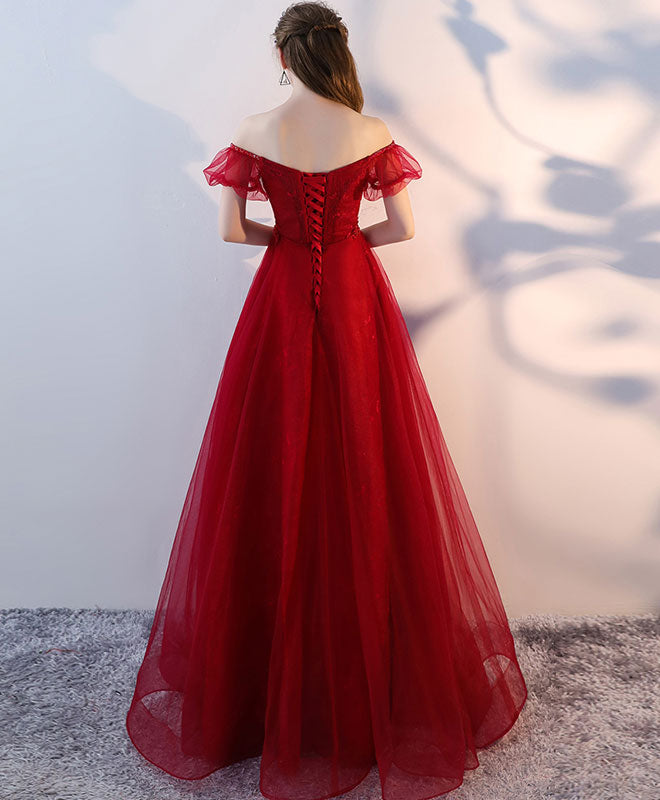 Elegant Burgundy Tulle Lace Long Prom Dress & Evening Gown for Formal Events, Homecoming, Weddings & Special Occasions