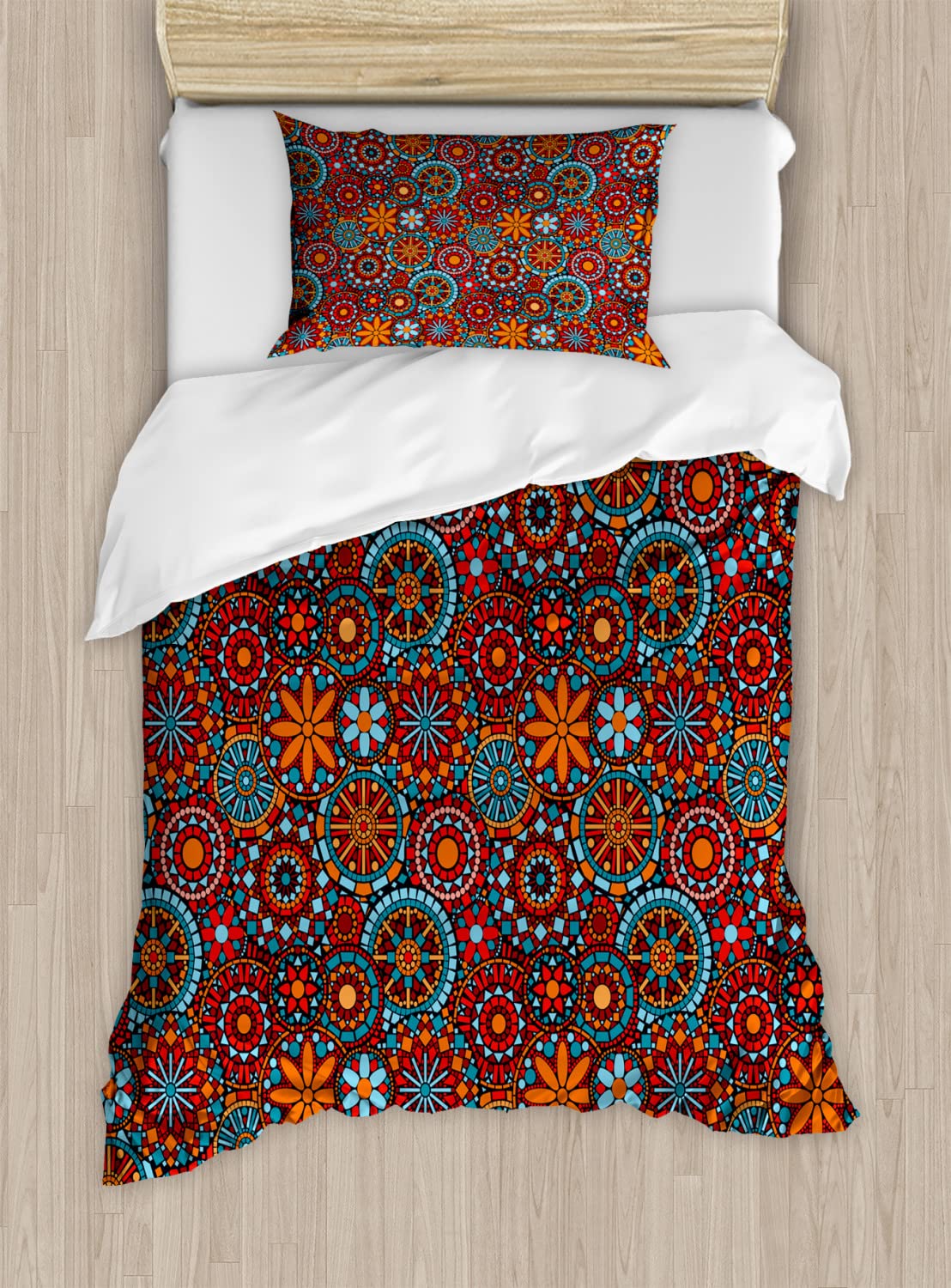Ambesonne Mandala Duvet Cover Set - Twin Size 2-Pack with 2 Pillowcases, Circular Floral Cosmos Moroccan Design in Vermilion Ruby Sky Blue - Bohemian Bedroom Decor for Teens & Adults