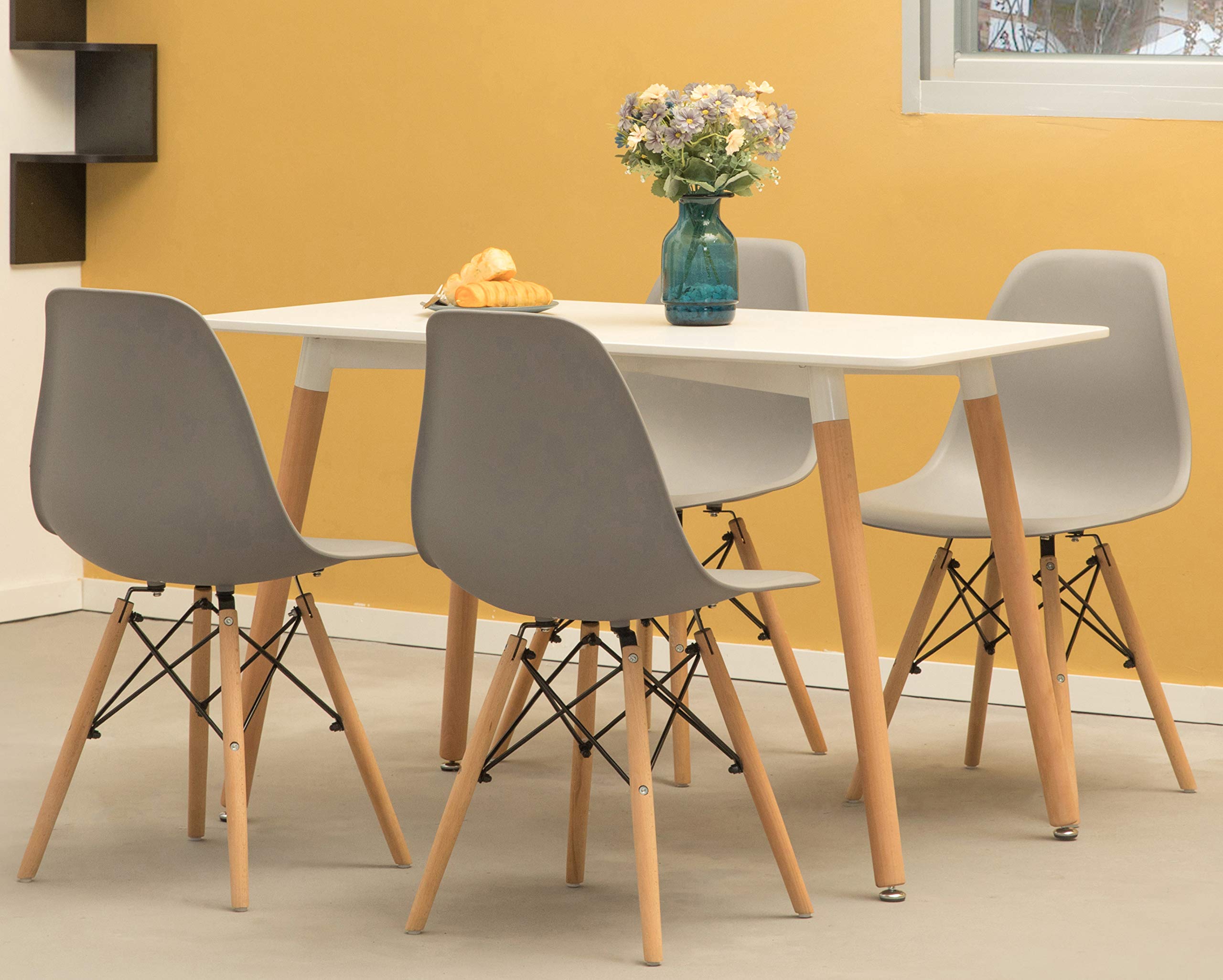 Mid-Century Modern 4 Ft. Rectangular Dining Table - White Plastic Top & Solid Beech Wood Legs | Perfect for Small Spaces, Apartments, and Contemporary Dining Rooms