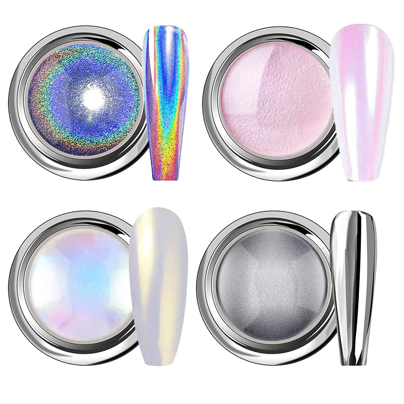 4Pcs Chrome Nail Powder Set - White Pearl & Metallic Holographic Nail Art Pigment for DIY Manicure | Mermaid Aurora Nail Design | Perfect for Salon, Home Use & Gift Giving