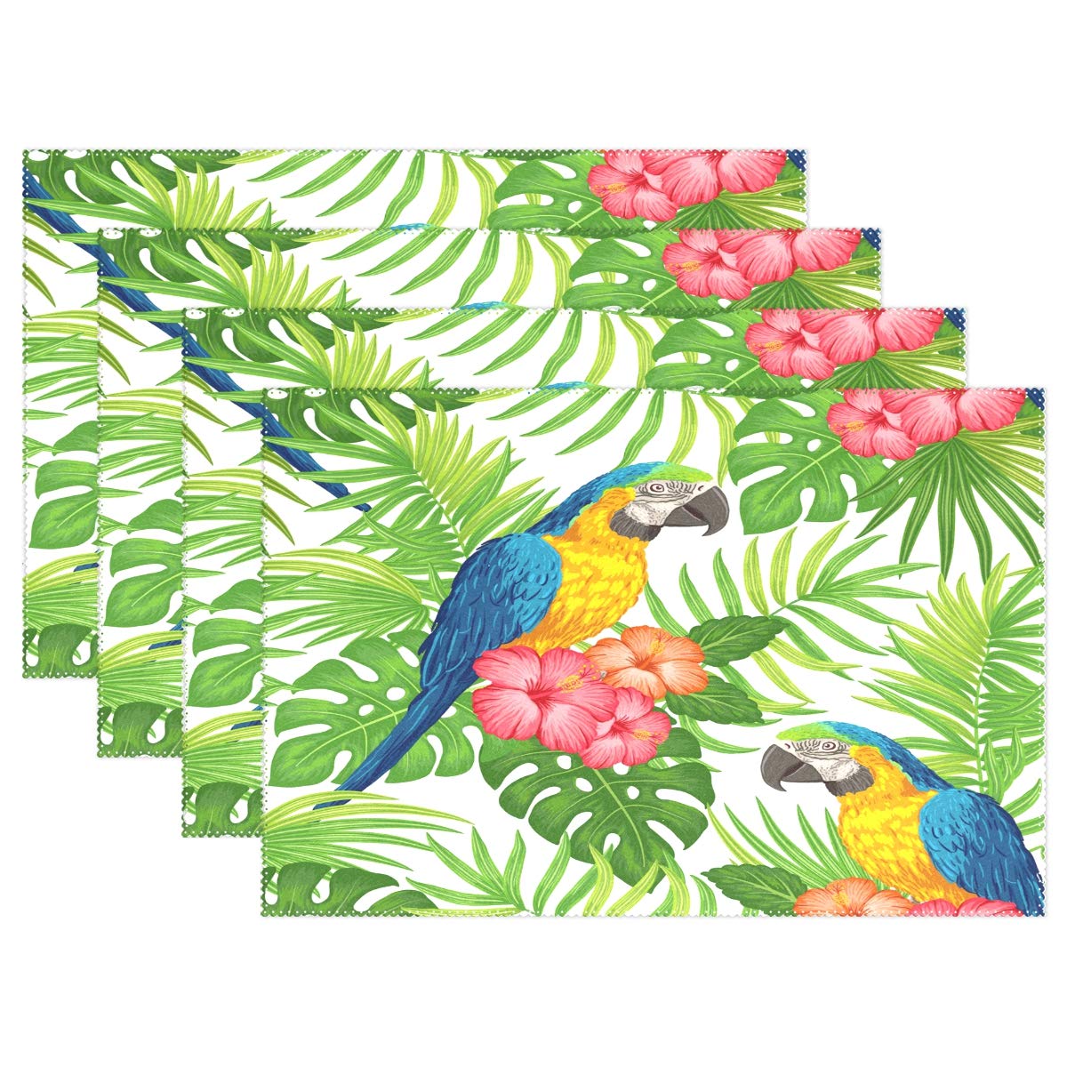 Tropical Leaves Floral Parrot Placemats Set of 4 - Non-Slip Heat Resistant Washable Table Mats for Kitchen & Dining Decor (12