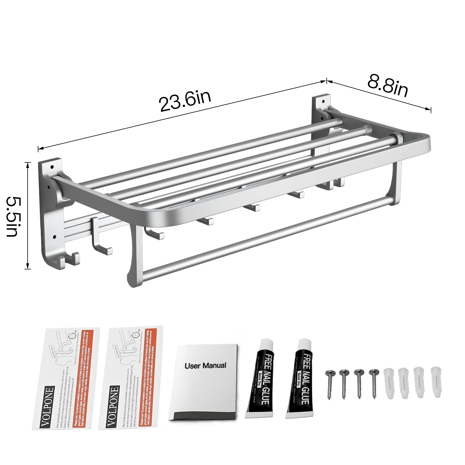 VOLPONE 24 Inch Foldable Towel Rack with Adjustable Hooks - Rustproof Wall Mounted Bathroom Towel Holder & Shelf - Perfect for Bathroom, Lavatory, and Spa Organization (Silver)