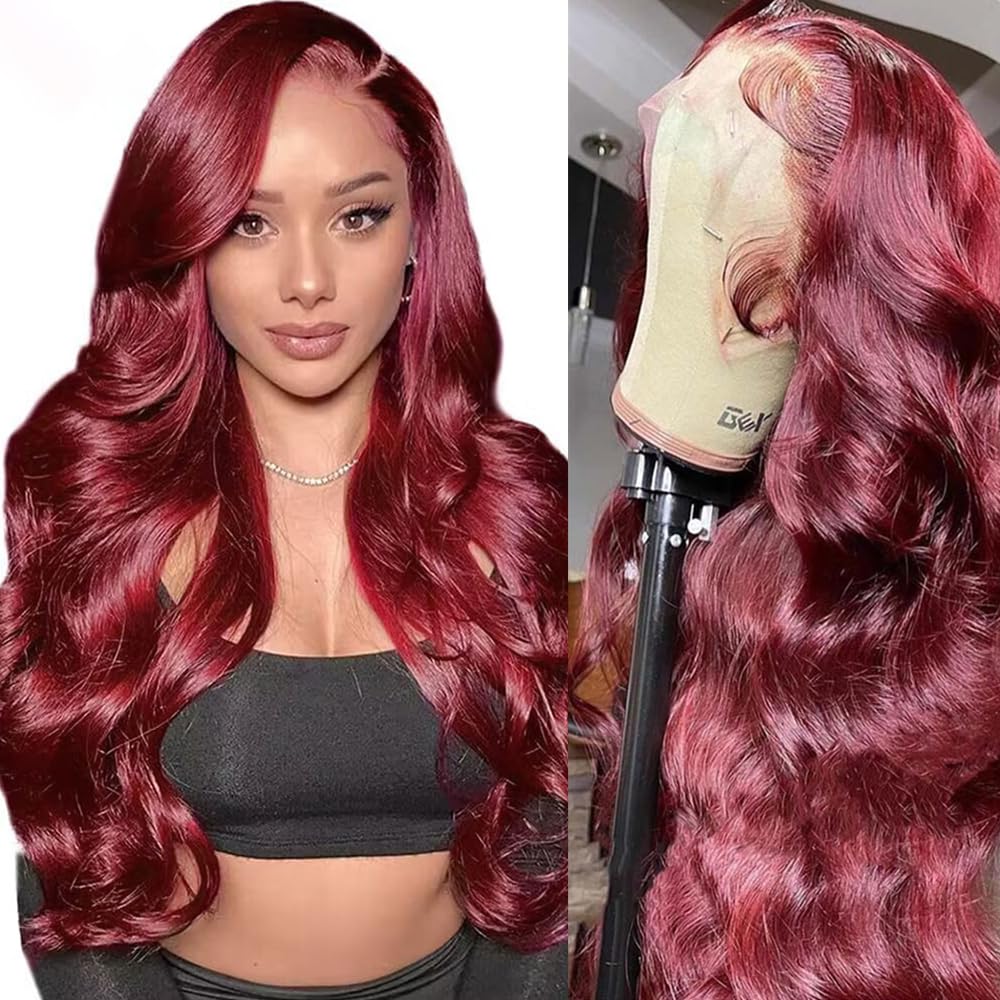 Burgundy Body Wave Lace Front Wigs Human Hair 200% Density HD Transparent 13x4 99J Glueless Frontal Wig with Baby Hair - 24 Inch Wine Red Wigs for Women | Brazilian Virgin Hair Colored Wig for Daily Wear, Parties & Special Occasions