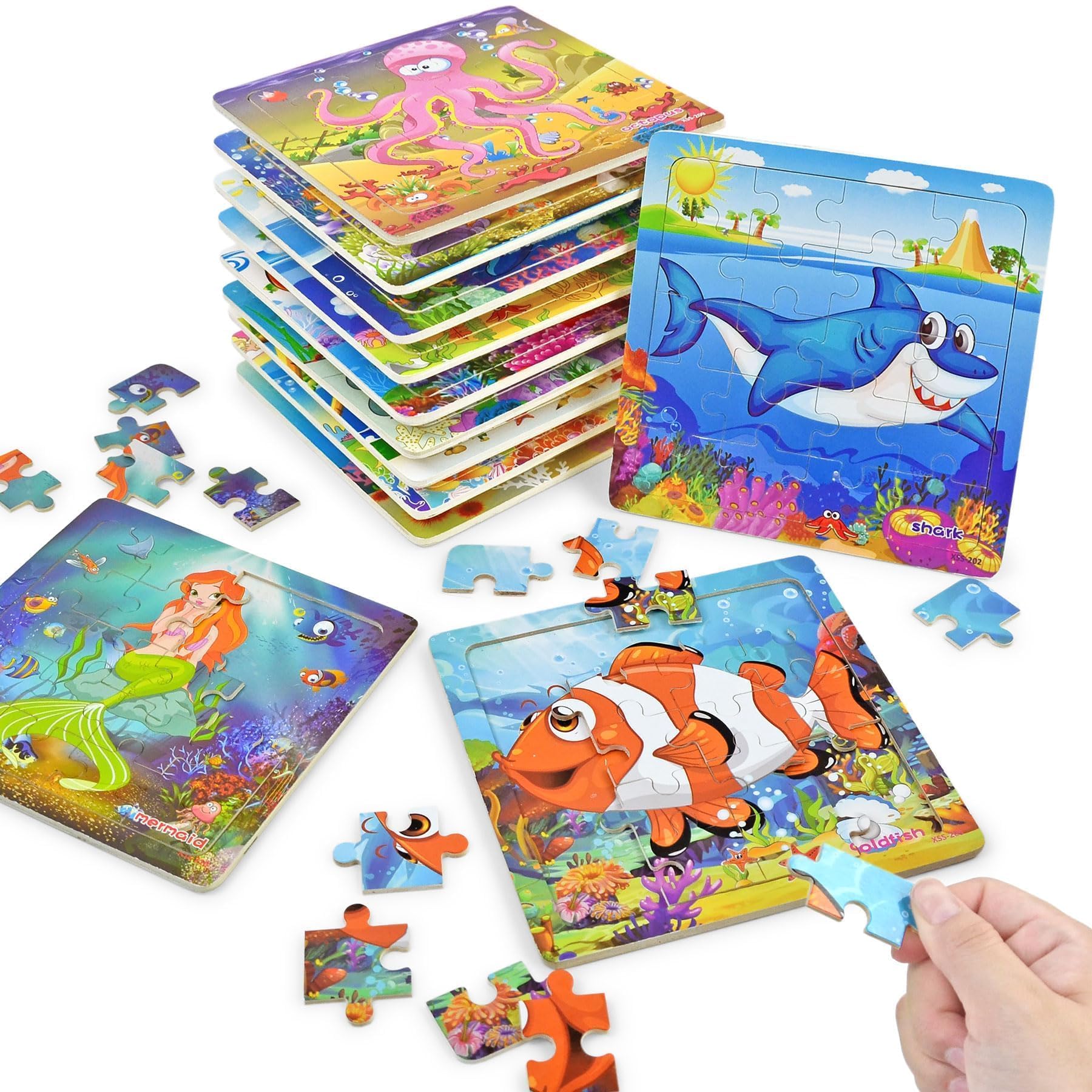 12 Pack Wooden Jigsaw Puzzles for Kids Ages 4-8 - Sea Animals Theme with Organza Bags - 20 Pieces Each - Perfect Birthday Party Favors, Classroom Rewards & Educational Toys for Boys and Girls