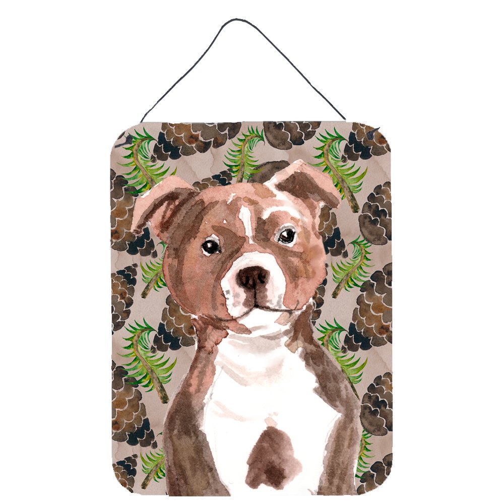Red Staffie Bull Terrier Pine Cones Metal Wall Art Sign - 12x16 Inch Aluminum Hanging Plaque for Kitchen, Bar, Bathroom & Front Door Decor - Perfect for Dog Lovers & Home Decoration