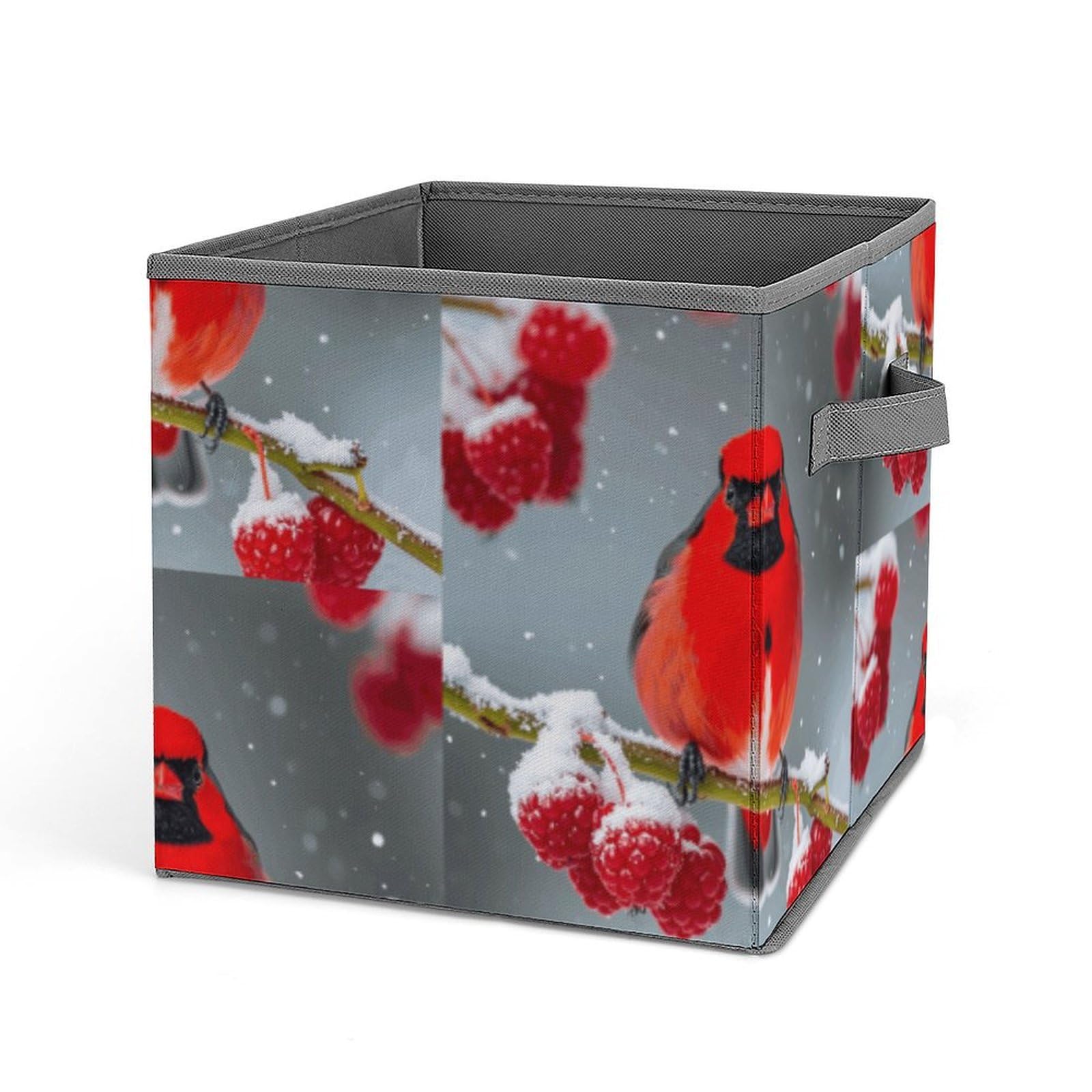 Collapsible Storage Bins with Handles - Cardinal Birds & Snow Cranberries Printed Fabric Organizer Baskets for Home, Closet, Office & Nursery Organization | Space-Saving Storage Solution