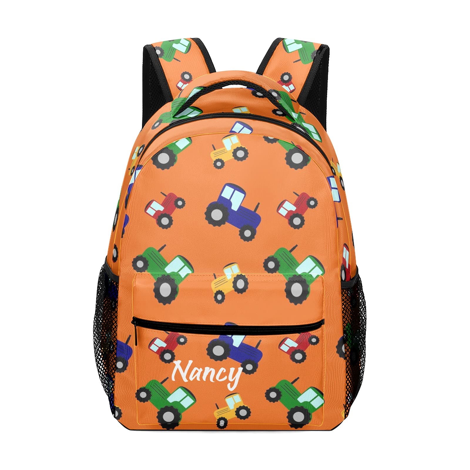Custom Orange Tractor Backpack with Name - Waterproof School & Travel Daypack for Men & Women - Perfect for Work, Hiking & Daily Commute
