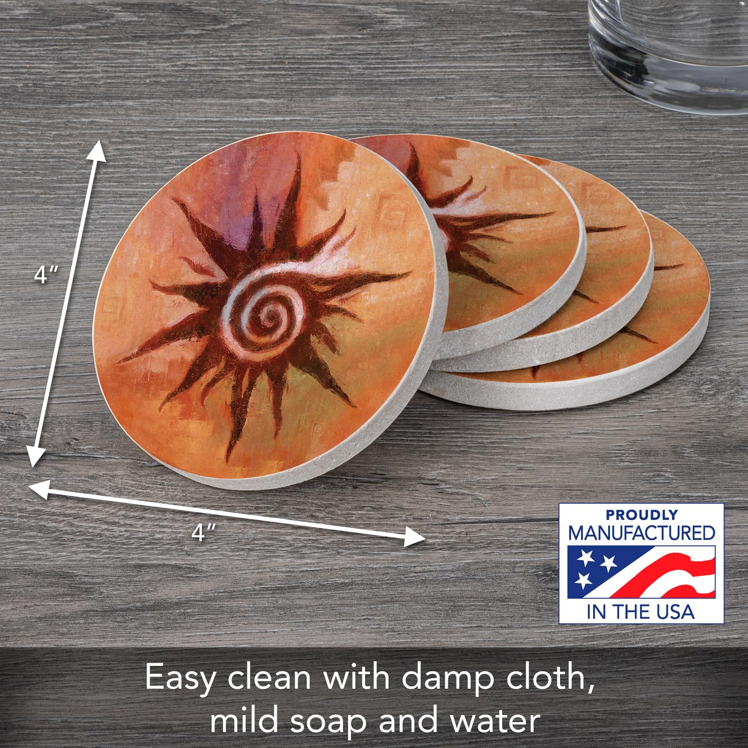 Thirstystone Spiral Sun Natural Sandstone Coaster Set of 4 | Eco-Friendly, Absorbent & Easy to Clean Coasters | Perfect for Coffee, Wine & Beverage Protection on Tables