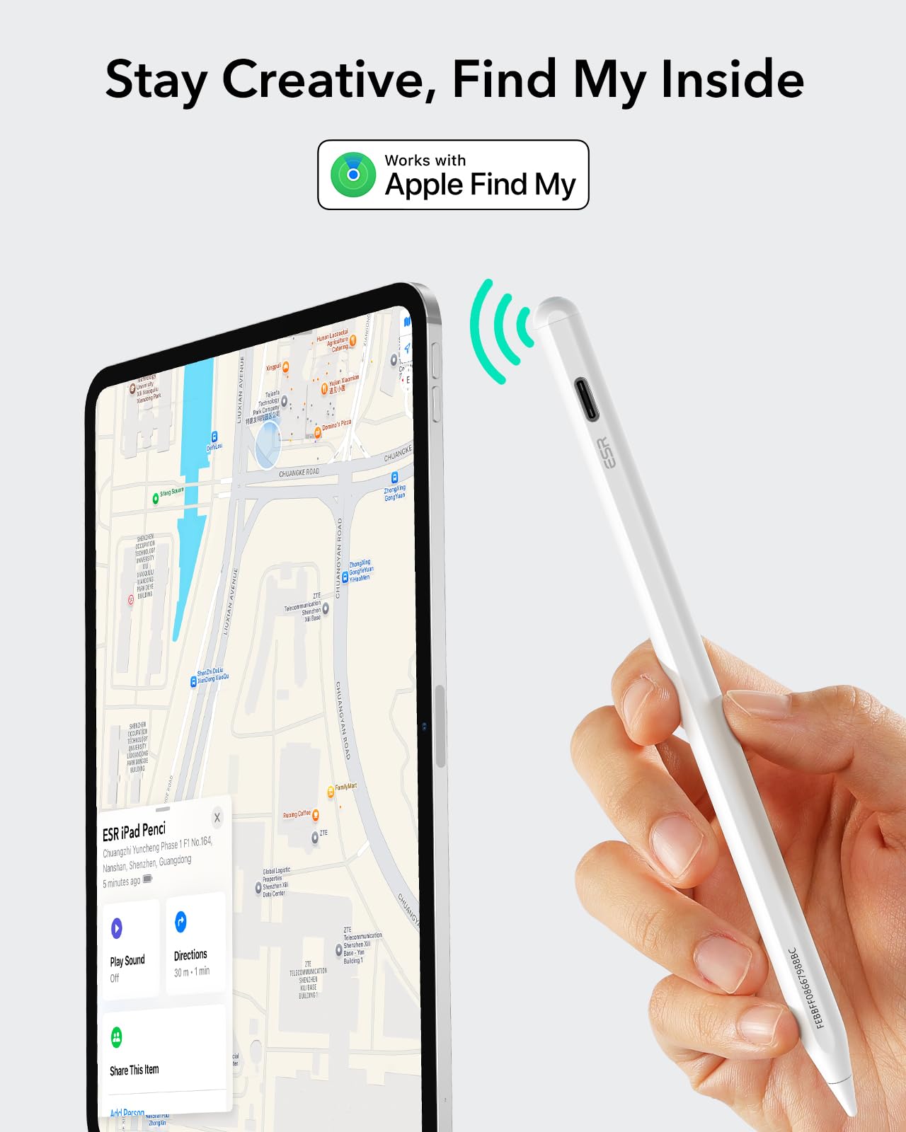 ESR Geo iPad Pencil with Find My Compatibility - Stylus for iPad 2018-2025 Models (iPad 11/10/9/8, iPad Air 13/11, iPad Pro 12.9/13/11, iPad Mini 7/6/5) - White - Perfect for Digital Art, Note Taking & Productivity (No Wireless Charging)