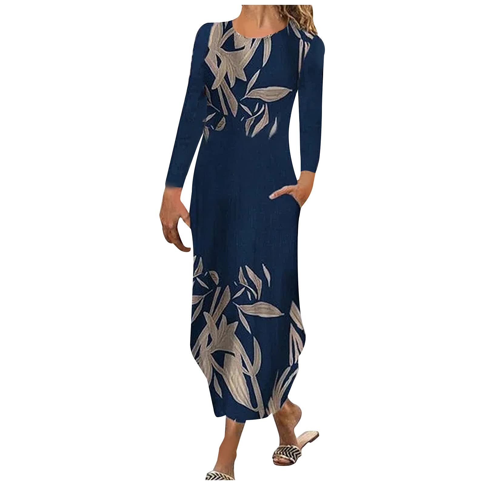 Basysin Women's Floral Print Long Sleeve Casual Dress - Crew Neck Holiday Party Dress for Spring Summer Outfits, Office Wear & Date Night