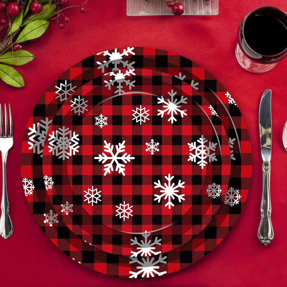 48PCS Christmas Paper Plates - Red & Black Buffalo Plaid Holiday Dinnerware Set (9