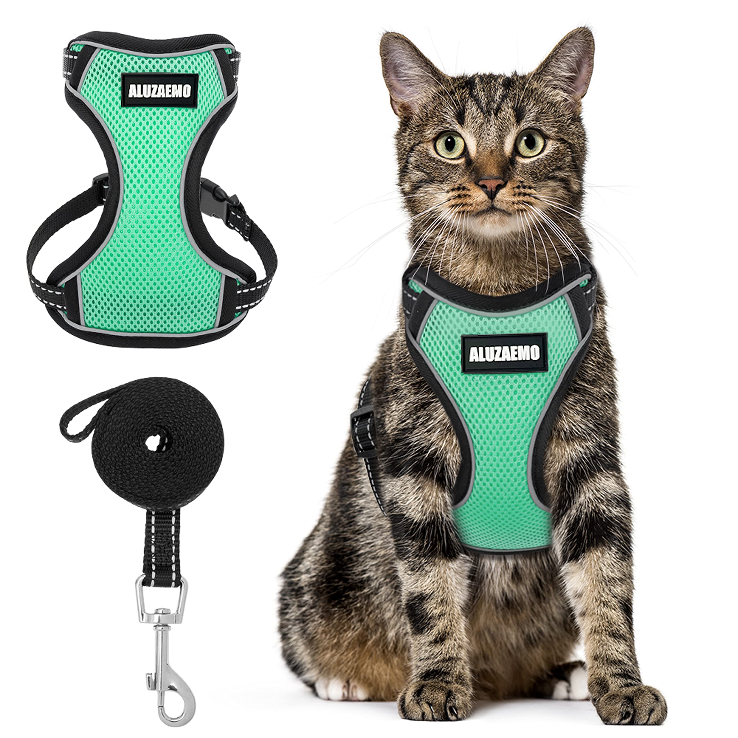 ALUZAEMO Escape Proof Cat Harness and Leash Set - Adjustable Soft Mesh Vest for Walking, Travel & Outdoor - Reflective Breathable Cat Body Harness for Small, Medium & Large Cats - Perfect for Park Adventures, Vet Visits & Safe Outdoor Exploration