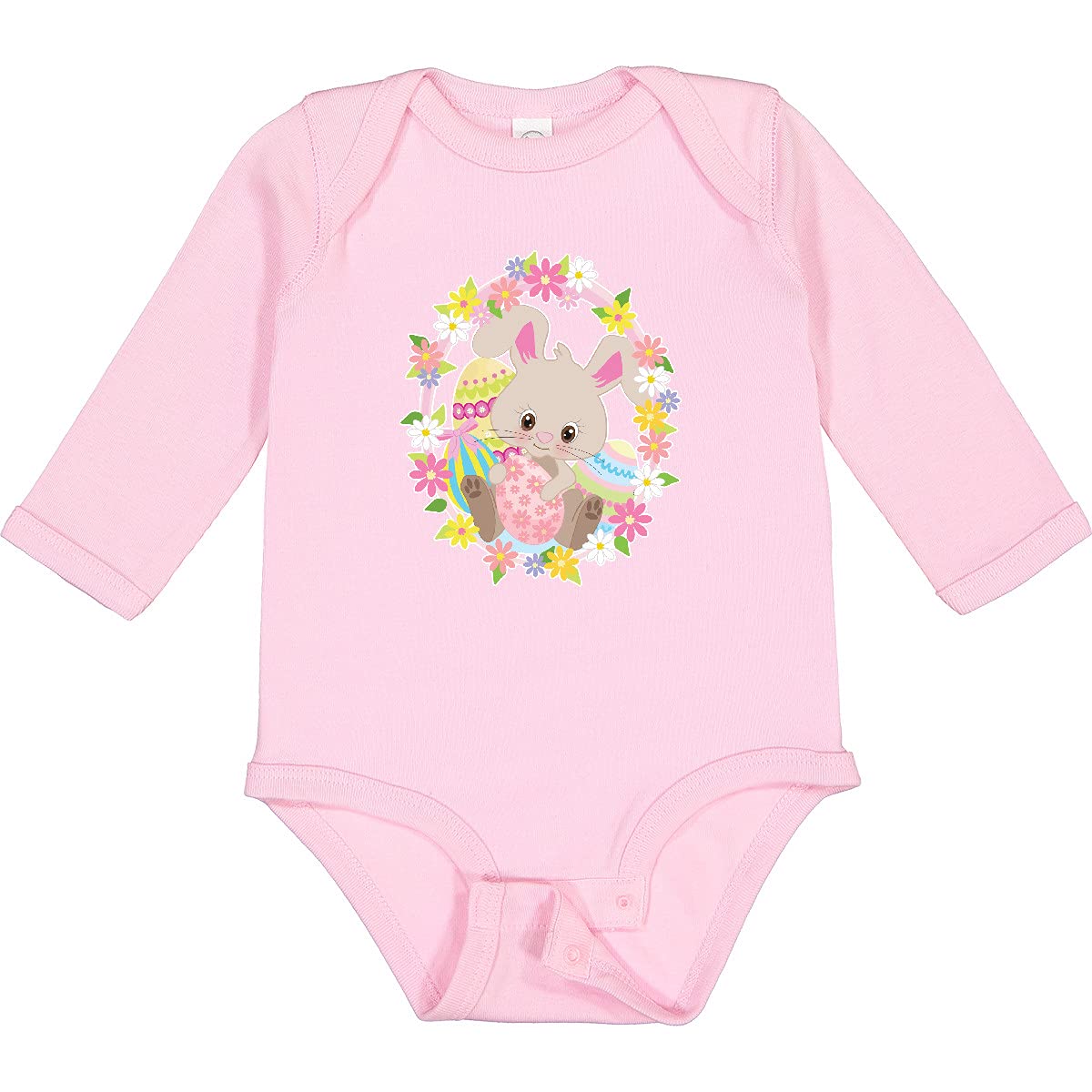 Inktastic Easter Bunny with Flowers and Easter Eggs Baby Long Sleeve Bodysuit - Cute Easter Outfit for Boys & Girls - Perfect for Easter Photos, Family Gatherings & Spring Celebrations