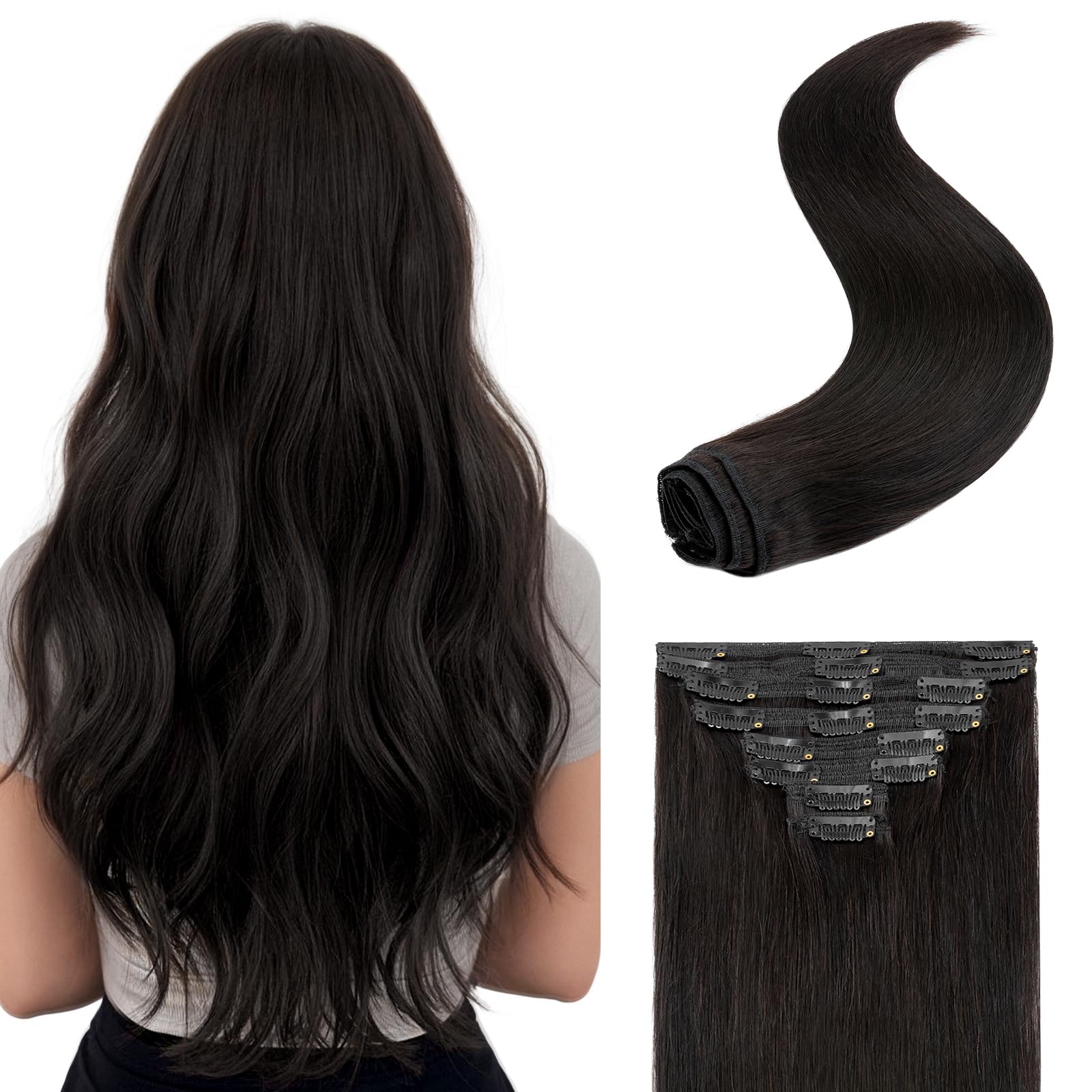 S-noilite Clip in Hair Extensions 18 Inch 8pcs 140g - 100% Real Human Hair, Natural Black (#1B), Double Weft Straight Hair Extensions for Volume & Length | Perfect for Parties, Weddings & Daily Styling