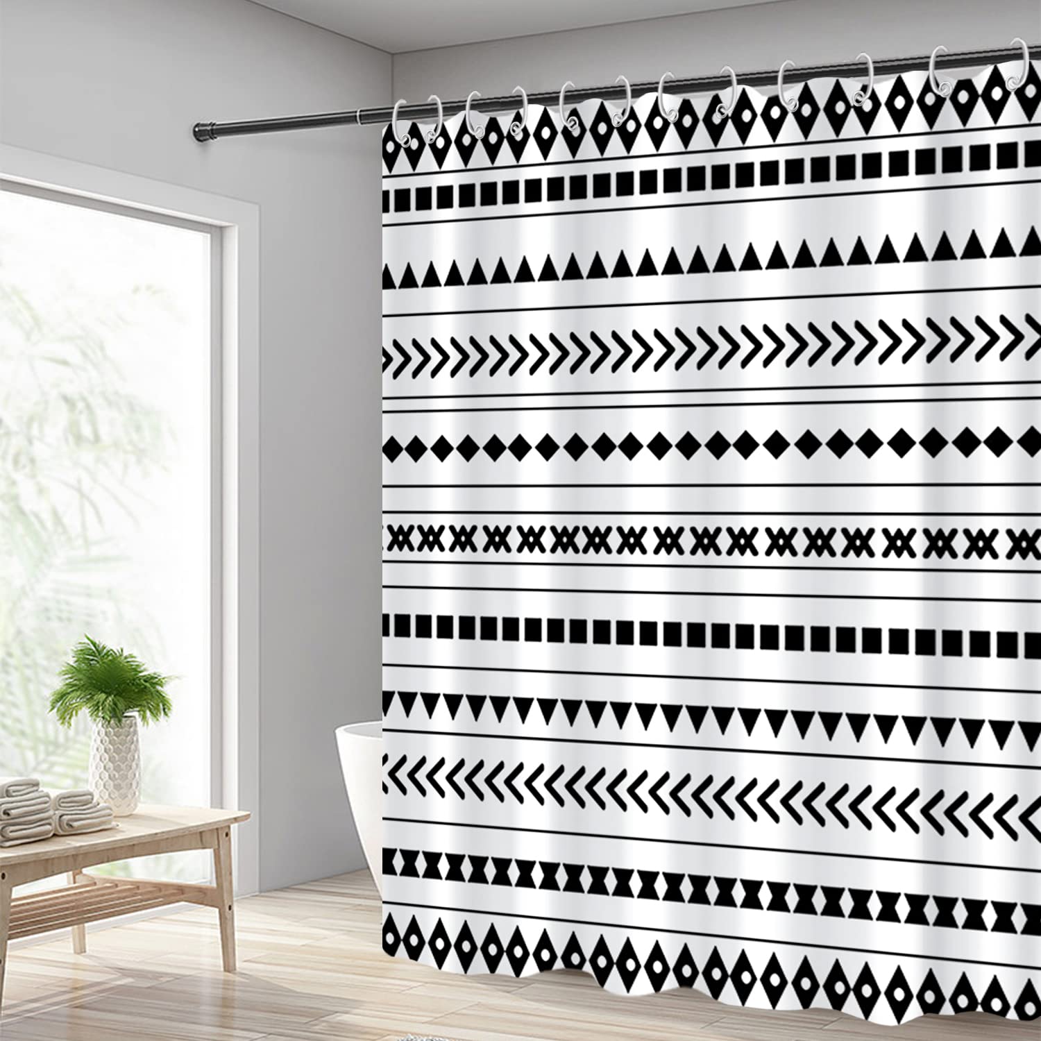 Boho Waterproof Shower Curtain - Black & White Geometric Pattern with Hooks, 72x96 Inch Bathroom Decor for Modern & Bohemian Style Homes | Perfect for Spa-Like Showers and Bathroom Makeovers