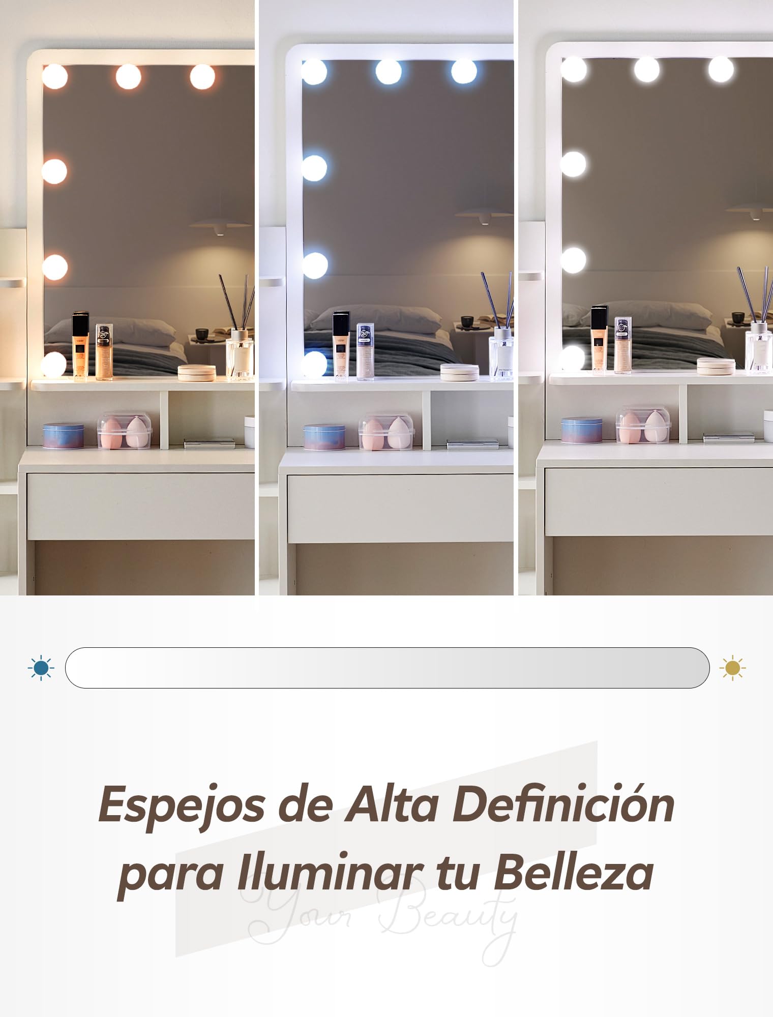 TUKAILAi LED Lighted Makeup Vanity Desk with Mirror & Stool - Modern White Dressing Table (87x40x144cm) with 4 Large Drawers & 4 Shelves - Perfect for Bedroom, Dorm Room & Beauty Salon Makeup Station