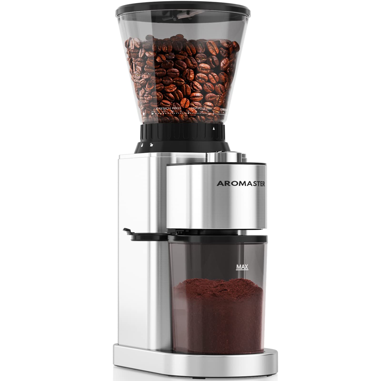 Aromaster Electric Coffee Grinder - Stainless Steel Burr Grinder with 48 Precise Settings for Espresso, Pour Over, Cold Brew & French Press - Perfect for Home, Office & Coffee Shops