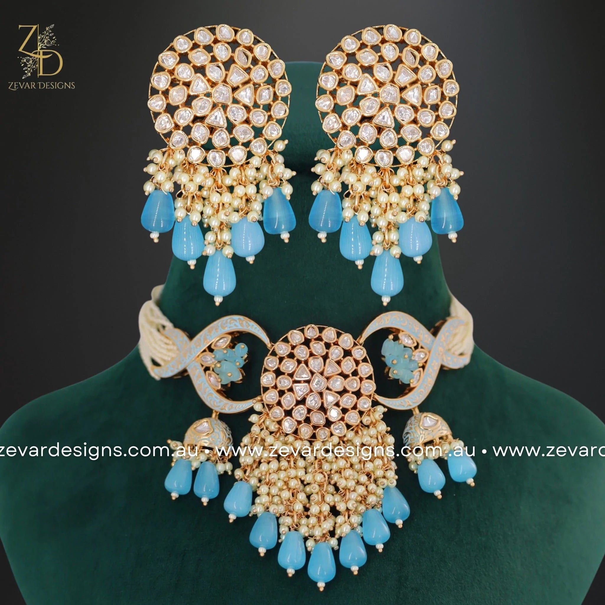 Exquisite Kundan Polki Choker Set in Ocean Blue - Perfect for Weddings, Parties & Special Occasions