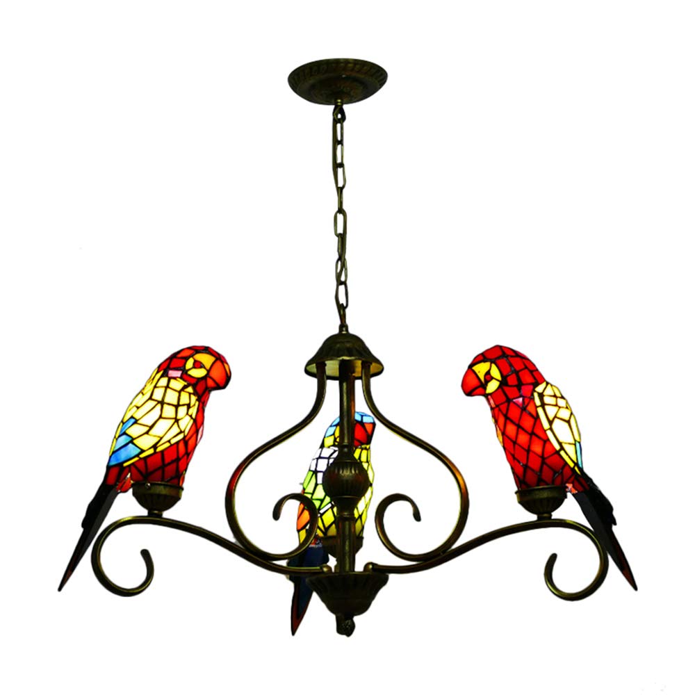 Vintage Tiffany Style Stained Glass Chandelier - 3-Light Multicolored Parrot Design Brass Finish Pendant Lighting (110V-120V) for Living Room, Bedroom, Restaurant & Hotel Decor | Shabby Chic Ceiling Light for Boho, Farmhouse & Coastal Interior Design