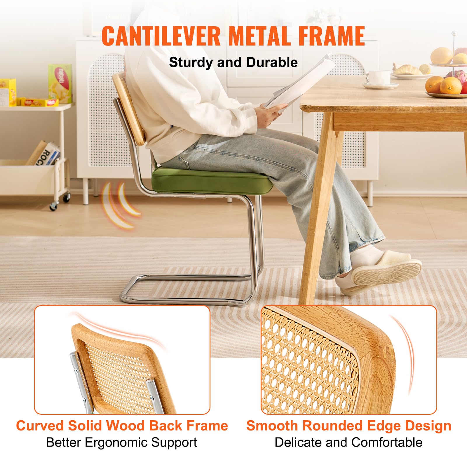 VEVOR Rattan Dining Chairs Set of 2 - Mid Century Modern Velvet Upholstered Accent Chairs with Woven Rattan Back - 18.1 Inch Retro Kitchen & Dining Room Chairs for Living Room, Bedroom, Patio - Comfortable Seating for Home Decor & Entertaining